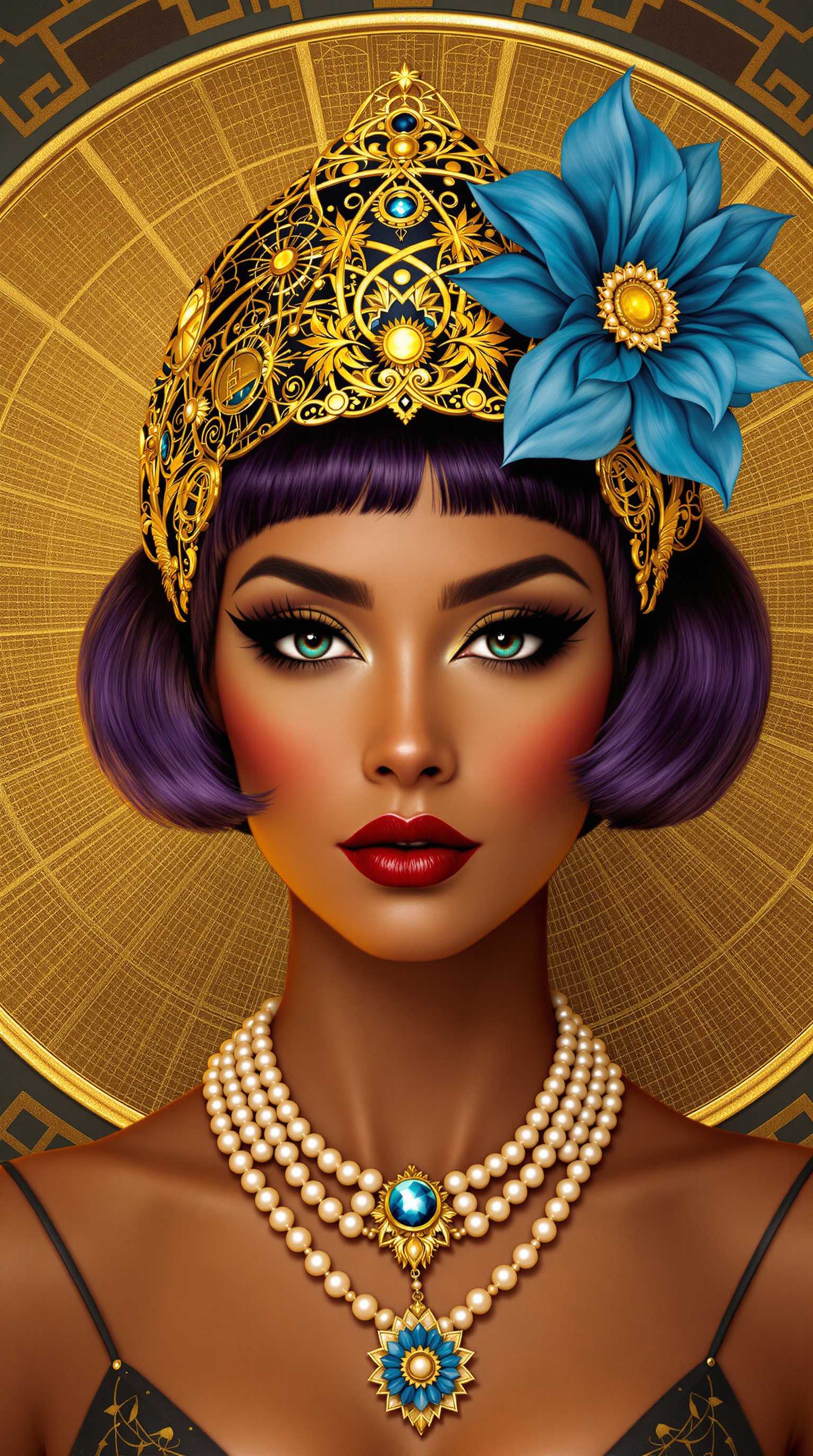 This image is a digital artwork that captures a closeup portrait of a woman. The art style is reminiscent of Art Nouveau or Art Deco, with its intricate details and ornamental elements. The medium appears to be digital painting, given the smooth blending of colors and the lack of texture that might be present in a traditional painting.The colors in the image are rich and vibrant. The womans hair is a deep, purple, which stands out against the golden tones of her accessories. The golden headpiece she wears is adorned with a large, ornate blue flower with a golden center, which adds a pop of color to the composition. The circular background behind her is a gradient of gold, with a complex pattern that suggests a celestial or mechanical theme.The womans makeup is done in a style that echoes the opulence of the Art Deco era, with bold, winged eyeliner and a matte red lipstick that contrasts sharply with her light brown skin. Her eyes are accentuated with dark, defined eyebrows and subtle eyeshadow, giving her a piercing gaze.She is wearing a necklace with multiple strands of pearls and a pendant that matches the blue of the flower in her hair. The necklace cascades down her collarbone, adding to the luxurious feel of the image.The overall mood of the image is one of elegance and opulence, with a touch of mystery. The womans expression is enigmatic, and the intricate details of her attire and the background suggest a world of wealth and sophistication.
