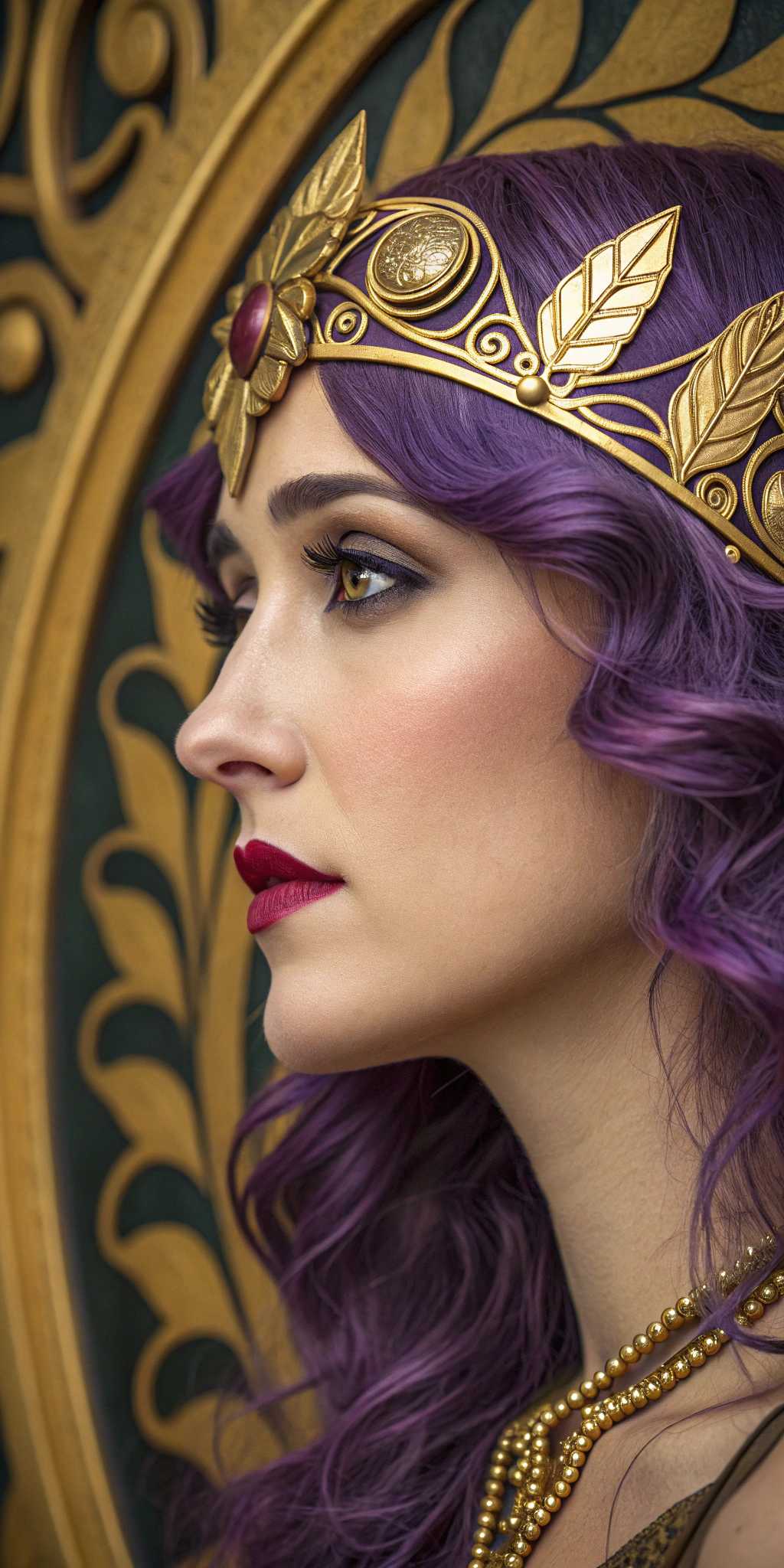 This image is a digital artwork that captures a closeup portrait of a woman. The art style is reminiscent of Art Nouveau or Art Deco, with its intricate details and ornamental elements. The medium appears to be digital painting, given the smooth blending of colors and the lack of texture that might be present in a traditional painting.The colors in the image are rich and vibrant. The womans hair is a deep,purple, which stands out against the golden tones of her accessories. The golden headpiece she wears is adorned with a large, ornate blue flower with a golden center, which adds a pop of color to the composition. The circular background behind her is a gradient of gold, with a complex pattern that suggests a celestial or mechanical theme.The womans makeup is done in a style that echoes the opulence of the Art Deco era, with bold, winged eyeliner and a matte red lipstick that contrasts sharply with her light brown skin.Her eyes are accentuated with dark, defined eyebrows and subtle eyeshadow, giving her a piercing gaze.She is wearing a necklace with multiple strands of pearls and a pendant that matches the blue of the flower in her hair. The necklace cascades down her collarbone, adding to the luxurious feel of the image.The overall mood of the image is one of elegance and opulence, with a touch of mystery. The womans expression is enigmatic, and the intricate details of her attire and the background suggest a world of wealth and sophistication.

