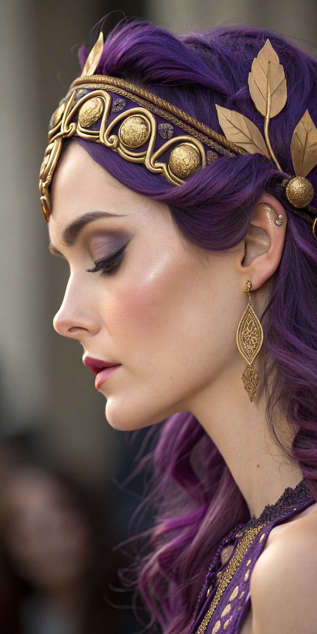 This image is a digital artwork that captures a closeup portrait of a woman. The art style is reminiscent of Art Nouveau or Art Deco, with its intricate details and ornamental elements. The medium appears to be digital painting, given the smooth blending of colors and the lack of texture that might be present in a traditional painting.The colors in the image are rich and vibrant. The womans hair is a deep,purple, which stands out against the golden tones of her accessories. The golden headpiece she wears is adorned with a large, ornate blue flower with a golden center, which adds a pop of color to the composition. The circular background behind her is a gradient of gold, with a complex pattern that suggests a celestial or mechanical theme.The womans makeup is done in a style that echoes the opulence of the Art Deco era, with bold, winged eyeliner and a matte red lipstick that contrasts sharply with her light brown skin.Her eyes are accentuated with dark, defined eyebrows and subtle eyeshadow, giving her a piercing gaze.She is wearing a necklace with multiple strands of pearls and a pendant that matches the blue of the flower in her hair. The necklace cascades down her collarbone, adding to the luxurious feel of the image.The overall mood of the image is one of elegance and opulence, with a touch of mystery. The womans expression is enigmatic, and the intricate details of her attire and the background suggest a world of wealth and sophistication.
