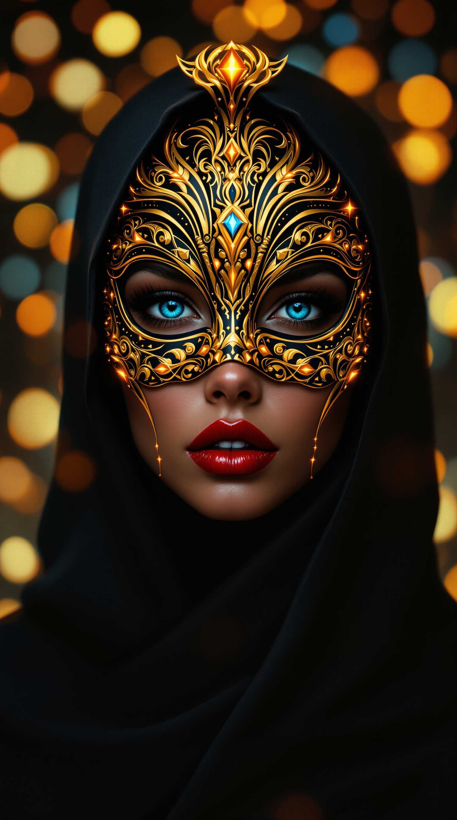 Cinematic style, realism, cinematic quality, Pastel, drawing with dry chalk, crayons, , Highly stylized and artistic portrait of a person wearing an elaborate, gold and black masquerade mask adorned with intricate designs and glowing accents. The subject has light brown skin, full red lips, and piercing blue eyes. They are draped in a dark, hooded cloak that adds to the mysterious and enchanting atmosphere. The background is blurred with warm, glowing bokeh lights, enhancing the magical and ethereal quality of the image. The overall composition is rich in detail and color, creating a captivating and otherworldly visual experience. Cinematic style, realism, cinematic quality, Pastel, A vibrant, futuristic form with smooth curves and a golden sheen that created an otherworldly atmosphere. Only her lips were open, painted a shade of red that seemed both dangerous and inviting, like a whispered secret. One that could kill a man. Simple yet captivating, the design caught the light reflections on its surface, adding depth and dimension. This digital work of art embodies modernity while simultaneously awakening curiosity about what lies beyond our consciousness. Cinematic style, realism, cinematic quality, Pastel, drawing with dry chalk, crayons

