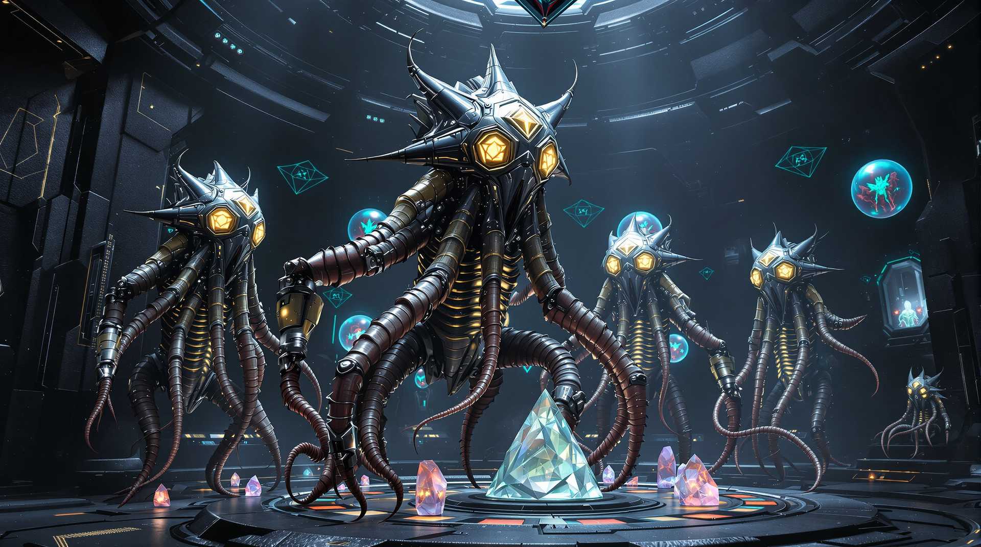8k hyperrealistic alien laboratory, towering Elder Things with segmented chitinous bodies, star-shaped heads with multiple glowing yellow eyes arranged in geometric patterns, eight articulated biomechanical tentacles with metallic joint segments, bodies showing ribbed exoskeletal structure with bioluminescent patterns between segments, non-euclidean chamber with black stone walls etched with cyan geometric patterns, multiple floating containment spheres housing crimson proto-Shoggoth specimens, each Elder Thing, 8 feet tall manipulating crystalline instruments with precise tentacle movements, cosmic horror aesthetic
