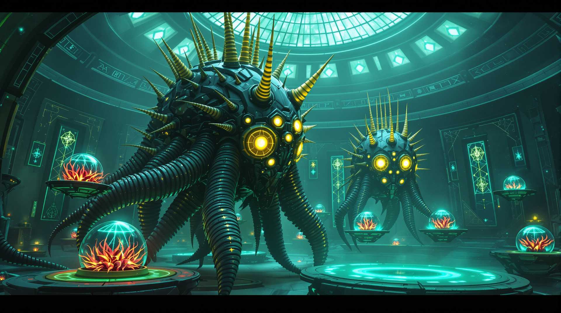 8k hyperrealistic Elder Thing laboratory chamber, massive Elder Things with segmented dark biomechanical bodies and metallic gold-spiked crown formations, multiple golden-yellow glowing eyes arranged in geometric star patterns on their heads, writhing tentacles with ribbed segments, chamber walls with glowing cyan geometric symbols and mathematical patterns, hovering containment spheres with crimson and cyan proto-Shoggoth specimens pulsing with energy, circular raised platforms with concentric rings of cyan energy, domed ceiling with crystalline skylight casting ethereal green illumination, cosmic horror atmosphere
