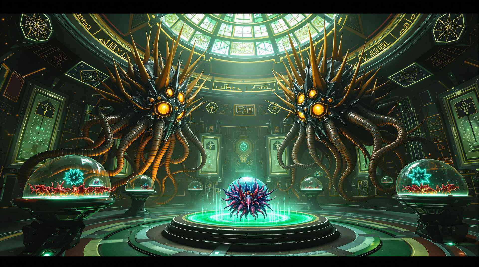 8k hyperrealistic Elder Thing laboratory chamber, massive Elder Things with segmented dark biomechanical bodies and metallic gold-spiked crown formations, multiple golden-yellow glowing eyes arranged in geometric star patterns on their heads, writhing tentacles with ribbed segments, chamber walls with glowing cyan geometric symbols and mathematical patterns, hovering containment spheres with crimson and cyan proto-Shoggoth specimens pulsing with energy, circular raised platforms with concentric rings of cyan energy, domed ceiling with crystalline skylight casting ethereal green illumination, cosmic horror atmosphere
