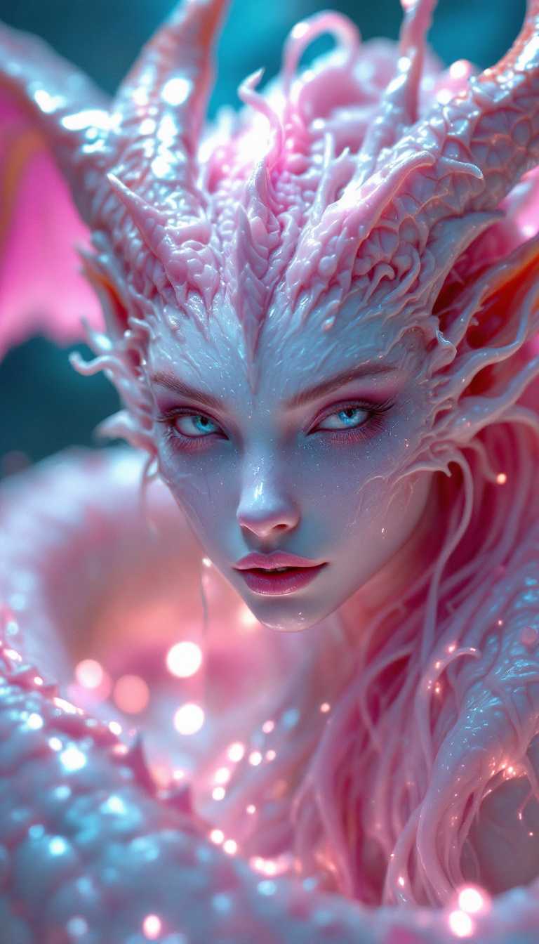 masterpiece, best quality, pastel dragon girl with a human face, slime, wet look, shimmering lights, dragon in background, whirls of vapor, iridescent textures, dragon scales, dragon horns, dragon wings, translucent scales, soft neon pink light, ethereal ambiance, delicate details, magical atmosphere
