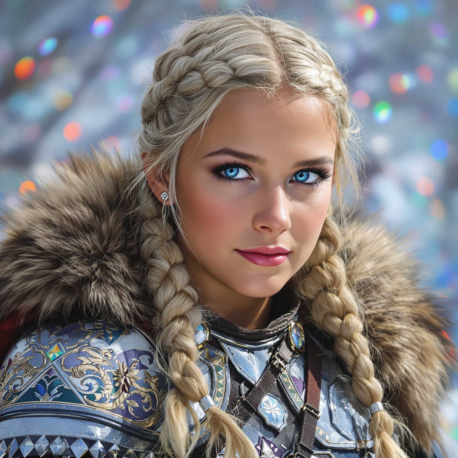 A fiercely proud Nordic girl stands, her presence exuding unwavering strength. Her blonde braids cascade down her back, framing a face marked by determination and resilience. This stunning portrait captures her piercing blue eyes, reflecting the icy landscapes of her homeland. The intricate details of her embroidered Viking armor and fur-lined cloak speak of her warrior spirit. This high-quality painting seamlessly combines power and grace, drawing the viewer into the captivating story of a fierce Nordic warrior princess. playful body manipulations, divine proportion, non-douche smile, gaze into the camera, holographic shimmer, whimsical lighting, enchanted ambiance, soft textures, imaginative artwork, ethereal glow, silent Luminescence, whispering Silent, iridescent Encounter, vibrant background, by Skyrn99, full body, (((rule of thirds))), high quality, high detail, high resolution, (bokeh:2), backlight, long exposure:2
