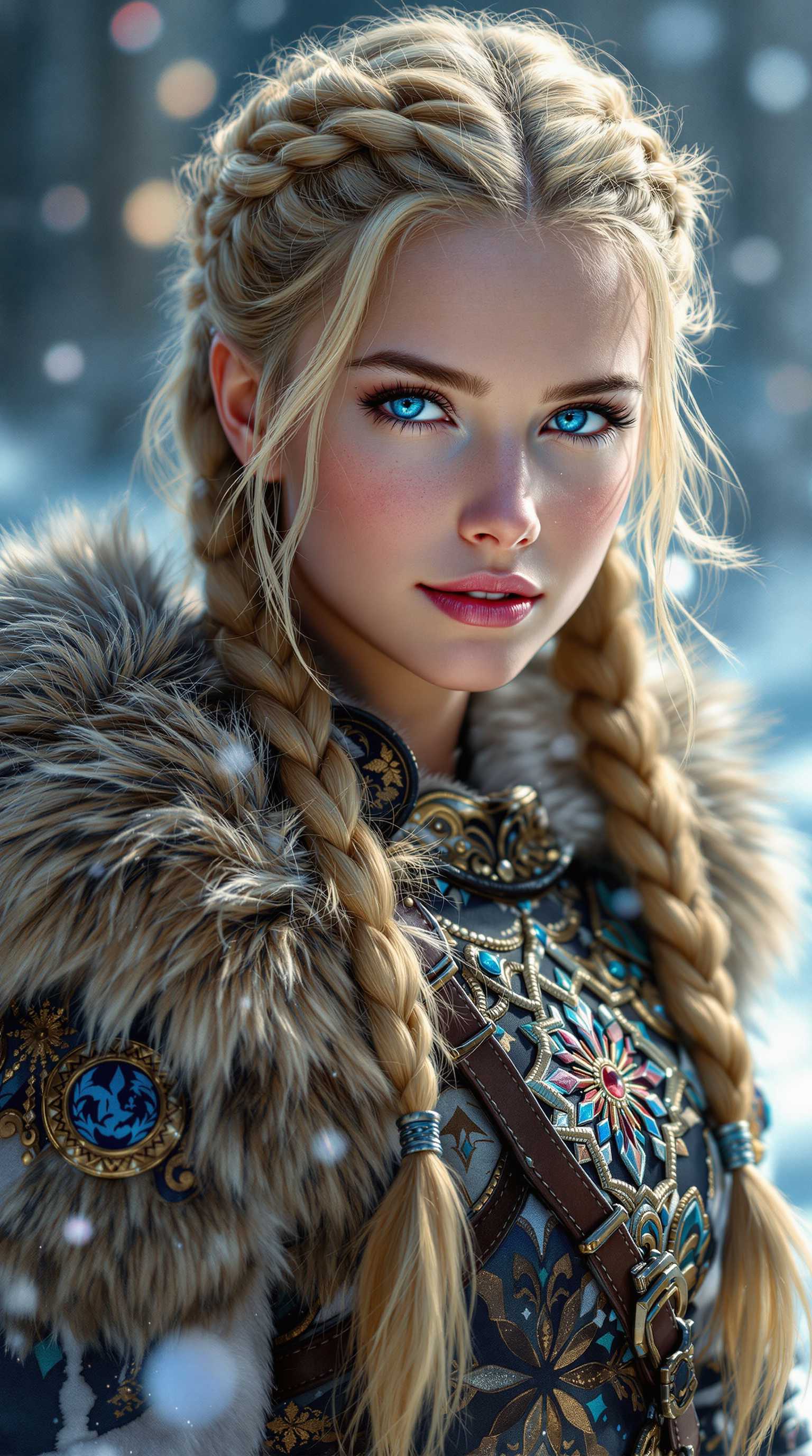 A fiercely proud Nordic girl stands, her presence exuding unwavering strength. Her blonde braids cascade down her back, framing a face marked by determination and resilience. This stunning portrait captures her piercing blue eyes, reflecting the icy landscapes of her homeland. The intricate details of her embroidered Viking armor and fur-lined cloak speak of her warrior spirit. This high-quality painting seamlessly combines power and grace, drawing the viewer into the captivating story of a fierce Nordic warrior princess. playful body manipulations, divine proportion, non-douche smile, gaze into the camera, holographic shimmer, whimsical lighting, enchanted ambiance, soft textures, imaginative artwork, ethereal glow, silent Luminescence, whispering Silent, iridescent Encounter, vibrant background, by Skyrn99, full body, (((rule of thirds))), high quality, high detail, high resolution, (bokeh:2), backlight, long exposure:2
