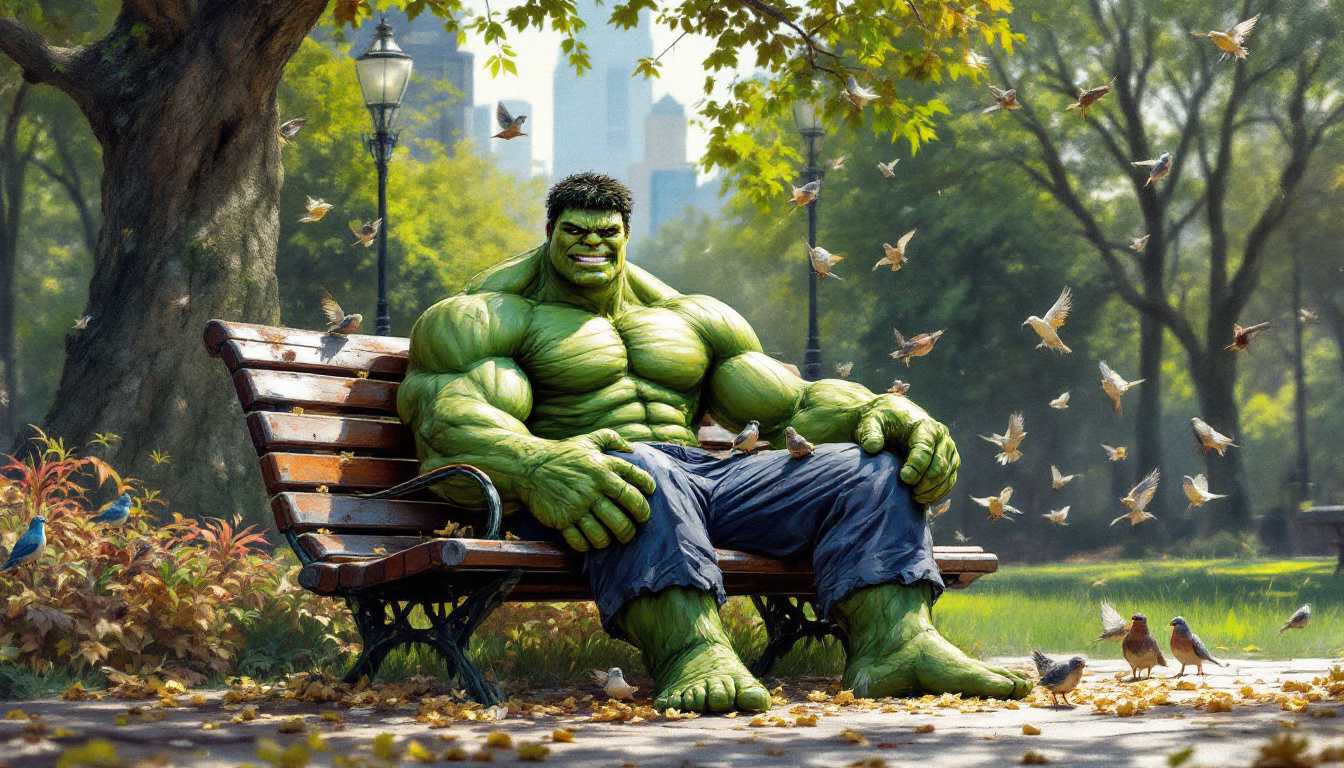 In the tranquil setting of Central Park, Hulk is depicted sitting on a weathered bench, surrounded by birds eagerly pecking at the crumbs he scatters. This vivid painting captures the scene in exquisite detail - his strong and noble features softened by a look of contentment. The vibrant colors and meticulous rendering of this stunning image evoke a sense of peace and wonder, inviting viewers to immerse themselves in the superhero's serene moment of quiet benevolence amidst nature.
