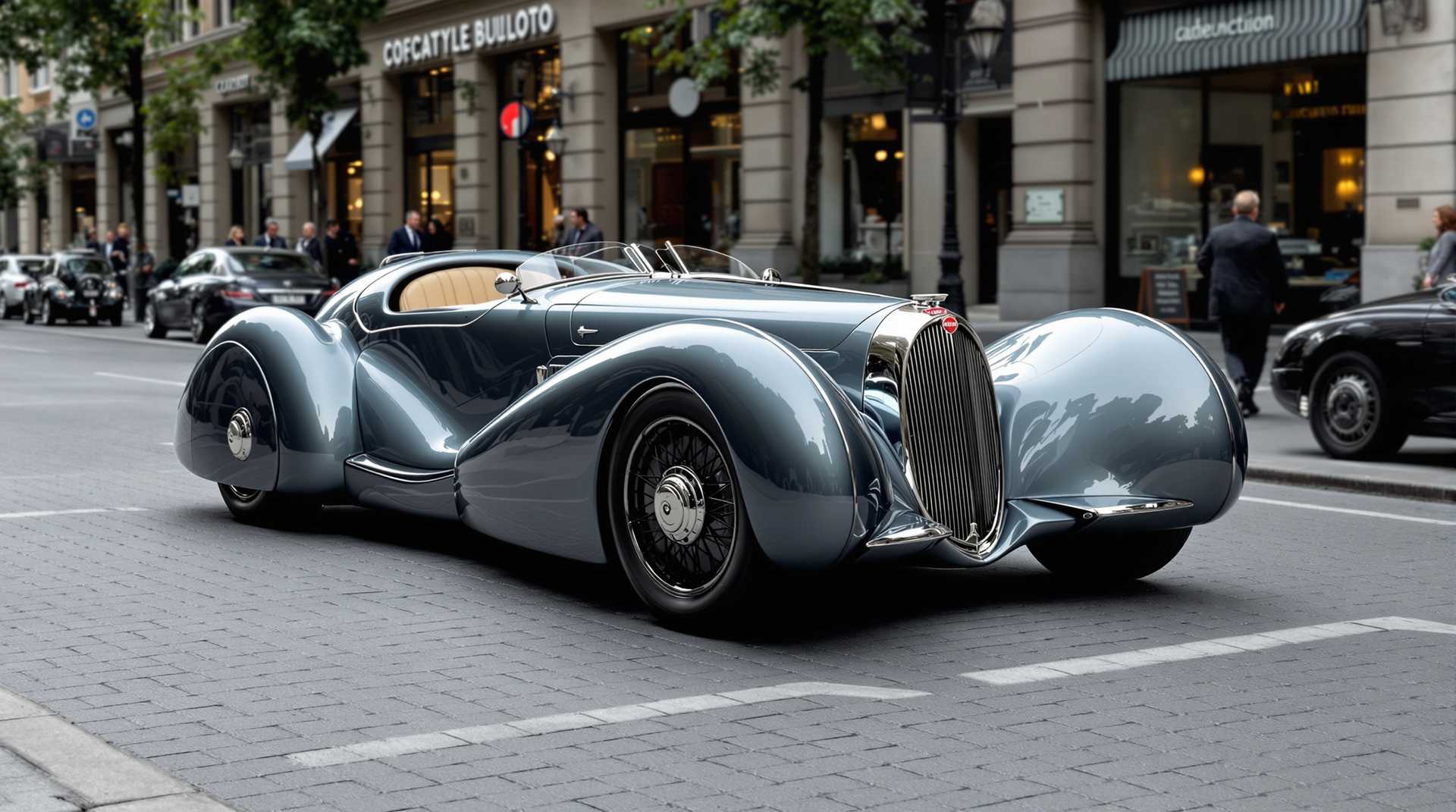 classic concept car in 1950' Bugatti style, on a city street