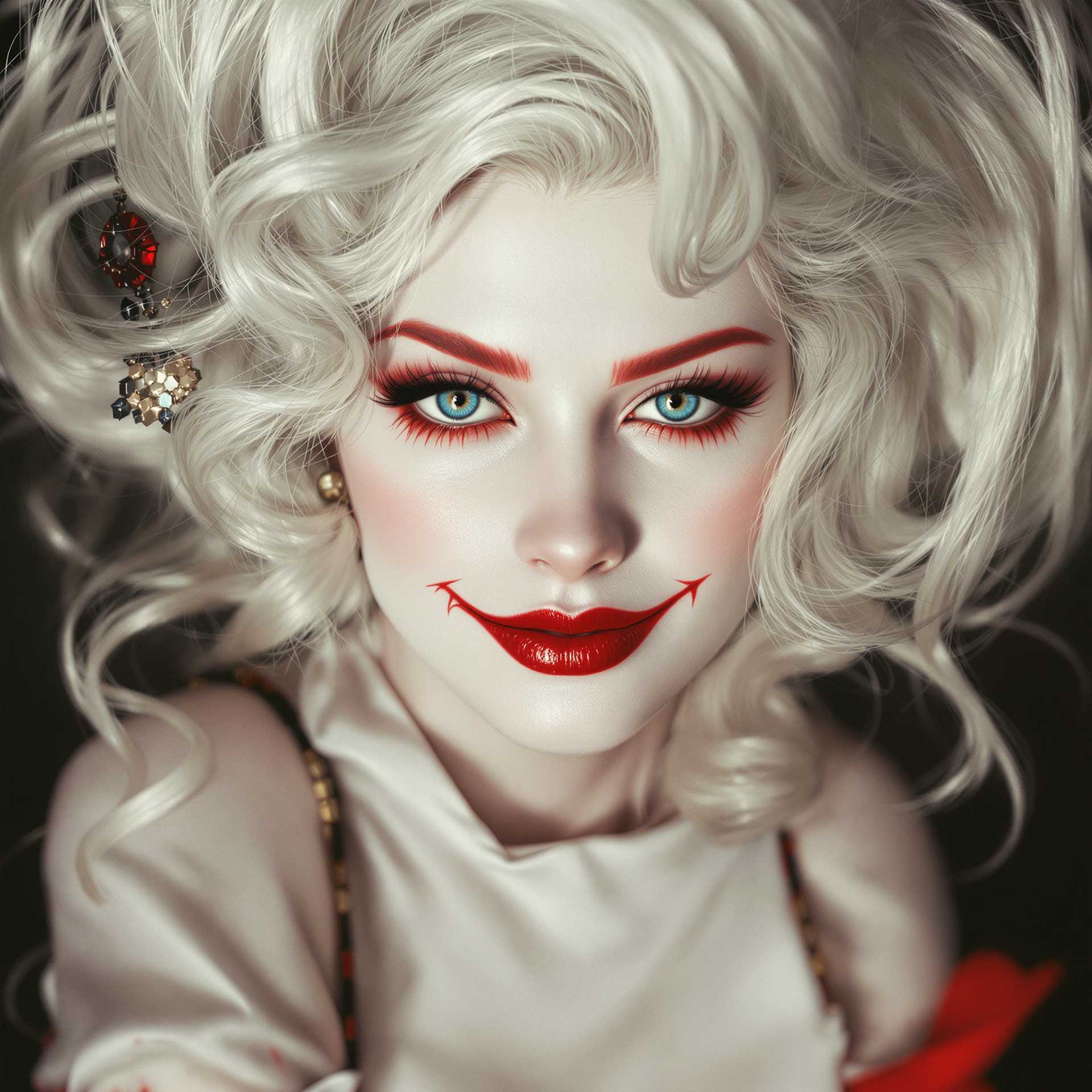portrait of the gorgeous Alexa Bliss, with her albine white skin, blue eyes, mischievous crimson smirk, blood-red eye make up and red rouge. Lady of t 1930.
