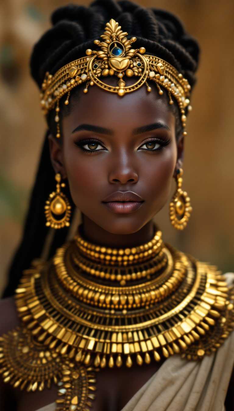 Egyptianinspired Gold Jewelry on a Womans Head and Neck
