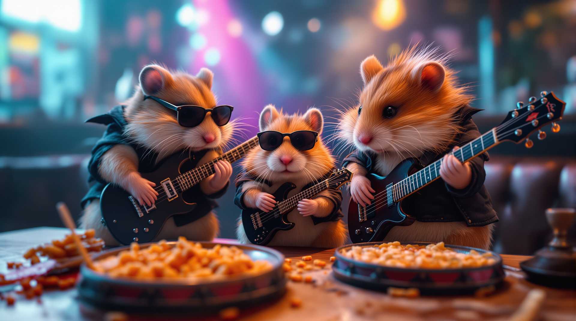 cute hamsters heavy metal band, playing e-guitars and drums, action scene on a diner table