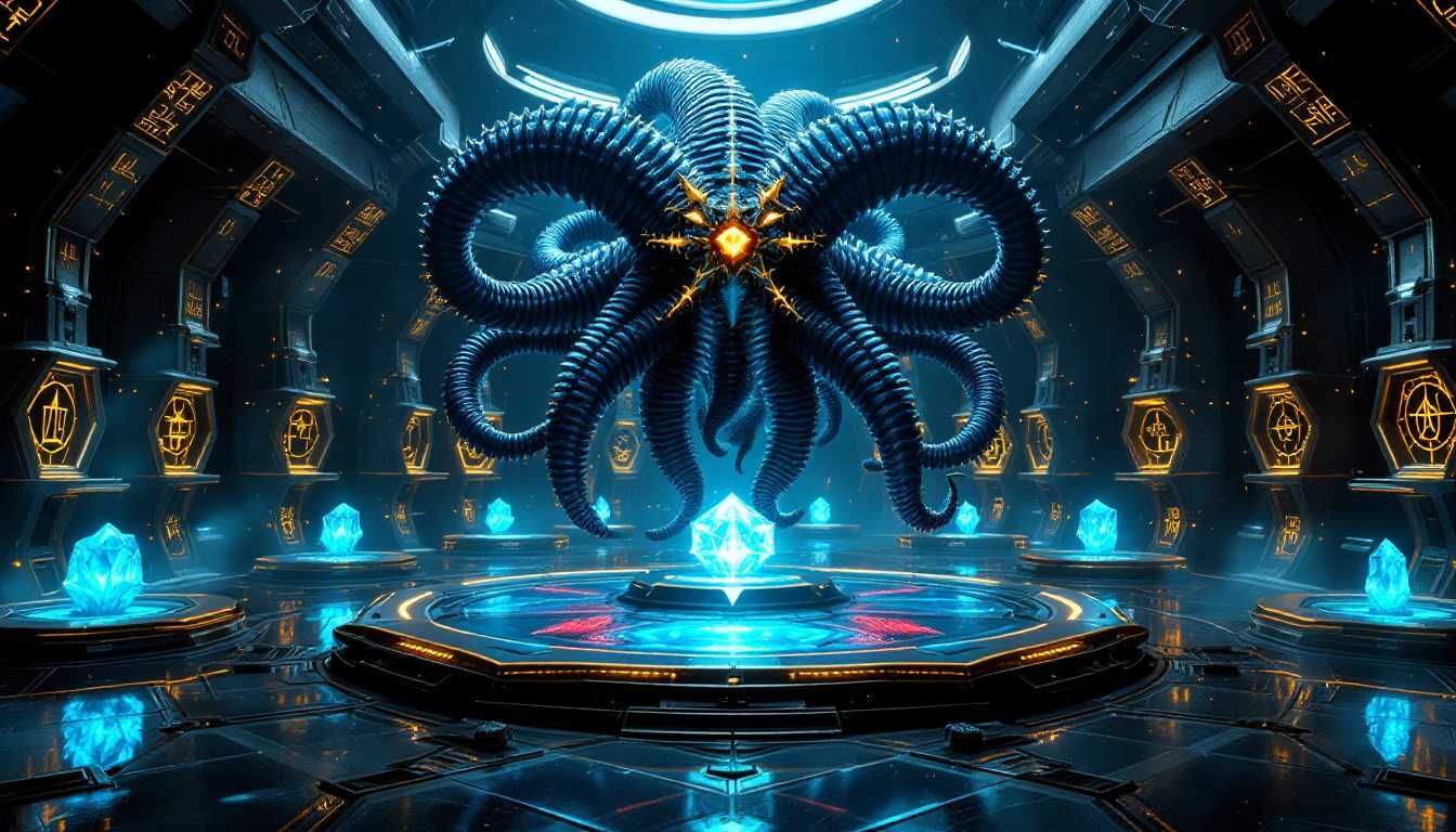 8k hyperrealistic Elder Thing research chamber, massive five-fold symmetrical beings with radially-arranged dark blue-black tentacles, each with segmented biomechanical ribbing and armored plating, centered golden crown of spikes above five-point arranged pale golden eye nodes, star-shaped core structure, chamber walls covered in glowing cyan mathematical symbols, experimental platforms with golden-trimmed edges and pentagonal designs, floating crystalline data structures casting cyan light, wet reflective surfaces throughout chamber, gothic-industrial architecture with impossible angles mirroring five-fold symmetry, specimen chambers with crimson biological samples --ar 16:9 --v 6 --quality 2