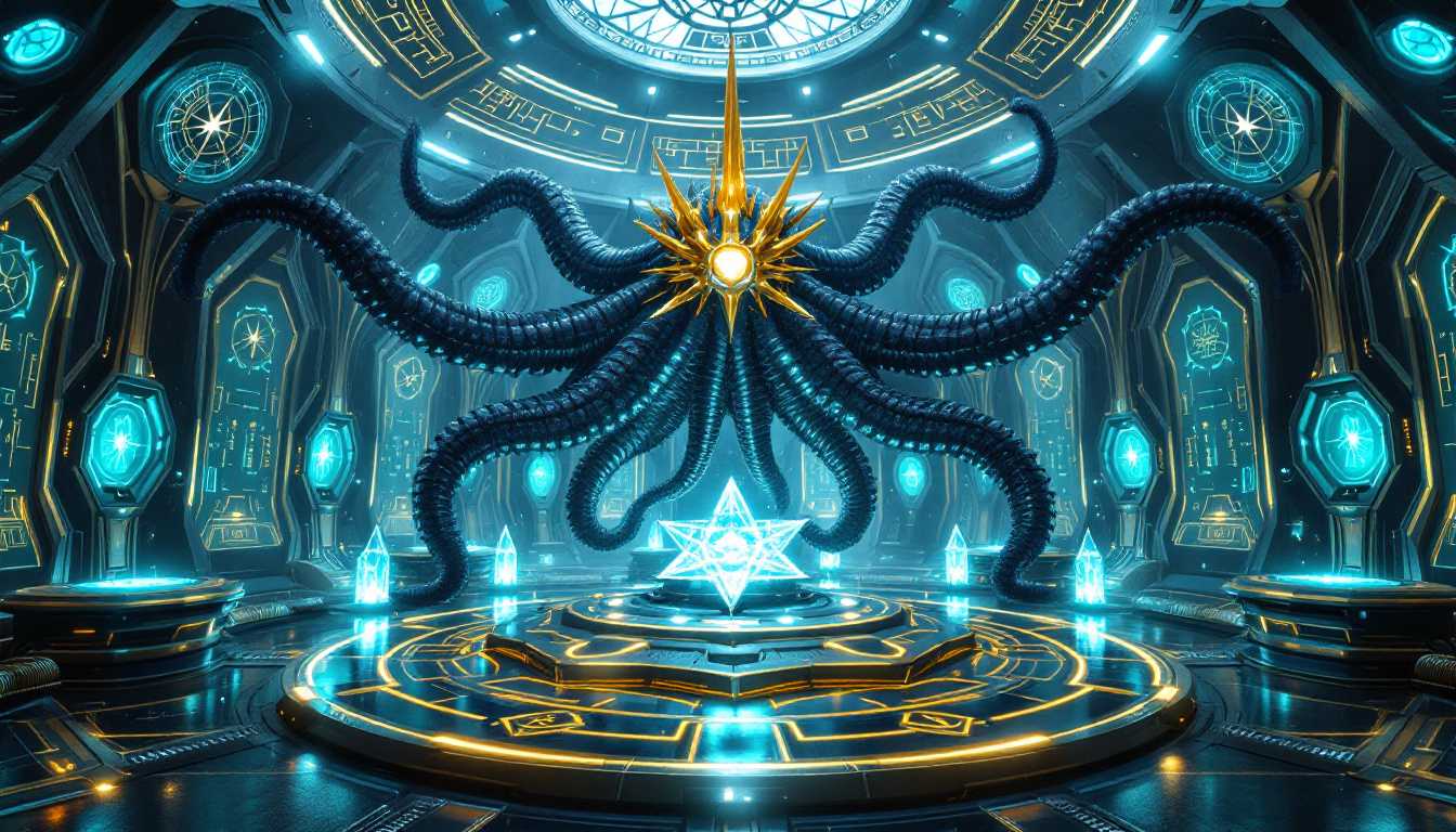 8k hyperrealistic Elder Thing research chamber, massive five-fold symmetrical beings with radially-arranged dark blue-black tentacles, each with segmented biomechanical ribbing and armored plating, centered golden crown of spikes above five-point arranged pale golden eye nodes, star-shaped core structure, chamber walls covered in glowing cyan mathematical symbols, experimental platforms with golden-trimmed edges and pentagonal designs, floating crystalline data structures casting cyan light, wet reflective surfaces throughout chamber, gothic-industrial architecture with impossible angles mirroring five-fold symmetry, specimen chambers with crimson biological samples --ar 16:9 --v 6 --quality 2