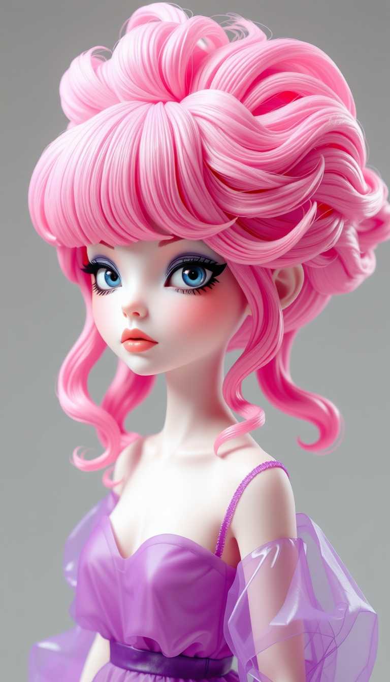 This image features a 3d cartoon girl of a striking and surreal appearance. The figure is adorned with a voluminous, wavy pink wig that cascades down the back and shoulders, giving a sense of movement and softness. The wigs color is a vibrant, almost neon pink, which stands out against the figures skin tone.The figures skin is a pale, almost translucent white. The clothing is a translucent, purple garment. The art style of the image is reminiscent of pop surrealism, with a touch of whimsy and fantasy.