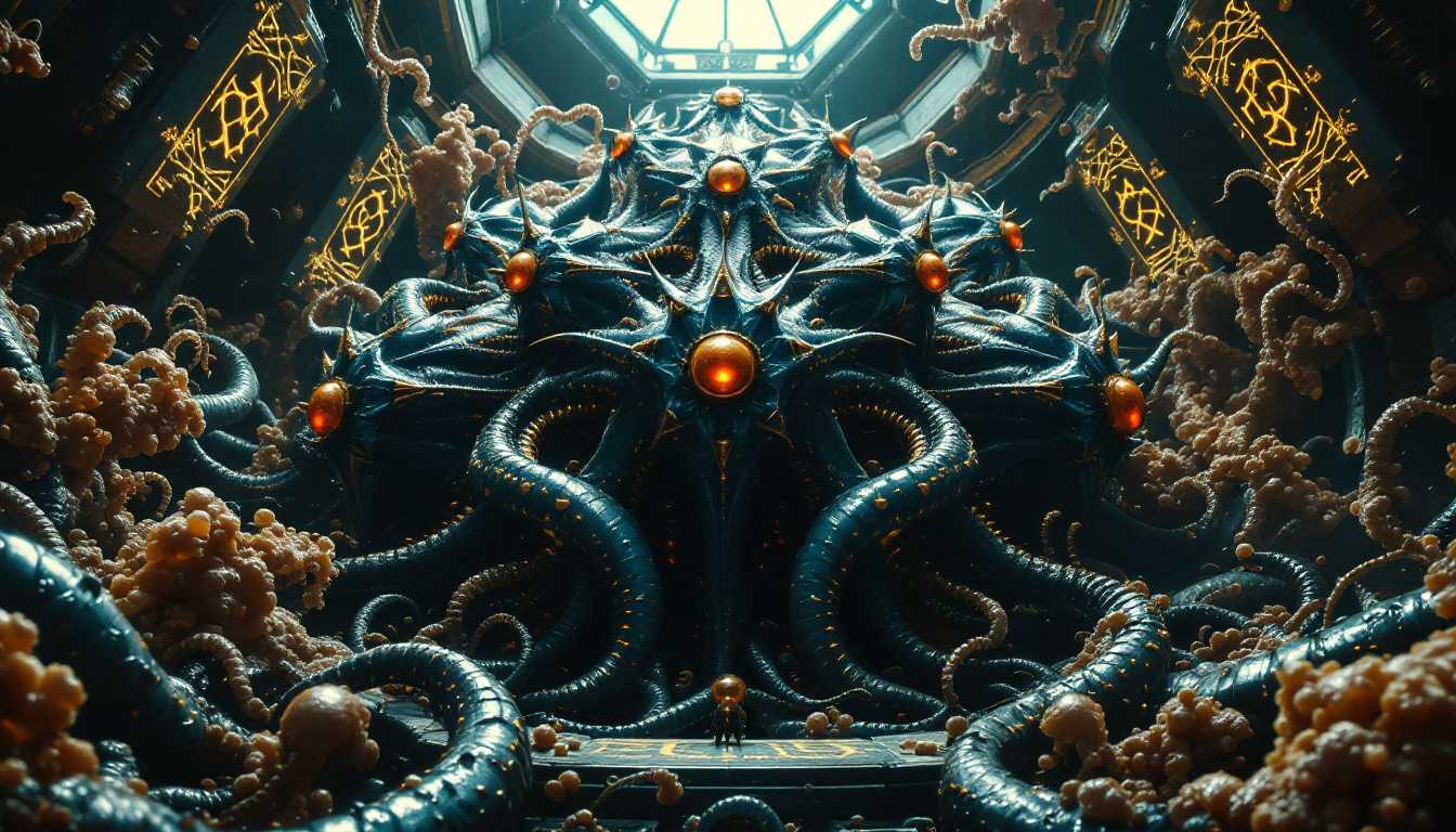 8k hyperrealistic horror scene, five-fold symmetric Elder Things with perfectly arranged blue-black metallic tentacles and precise golden star-crown formations confronting their antithesis - a formless Shoggoth mass of churning protoplasm, the Elder Things' geometric perfection and pentagonal symmetry contrasting against the shapeless horror's ever-changing flesh, their ordered golden eye-nodes versus the Shoggoth's randomly sprouting crimson eyes, gothic-industrial laboratory with precise hexagonal architecture and golden runes now cracking under waves of chaotic organic matter, cyan emergency symbols pulsing against spreading darkness, ordered biomechanical systems dissolving into primordial chaos, wet surfaces reflecting the battle between geometry and formlessness --ar 16:9 --v 6 --quality 2
