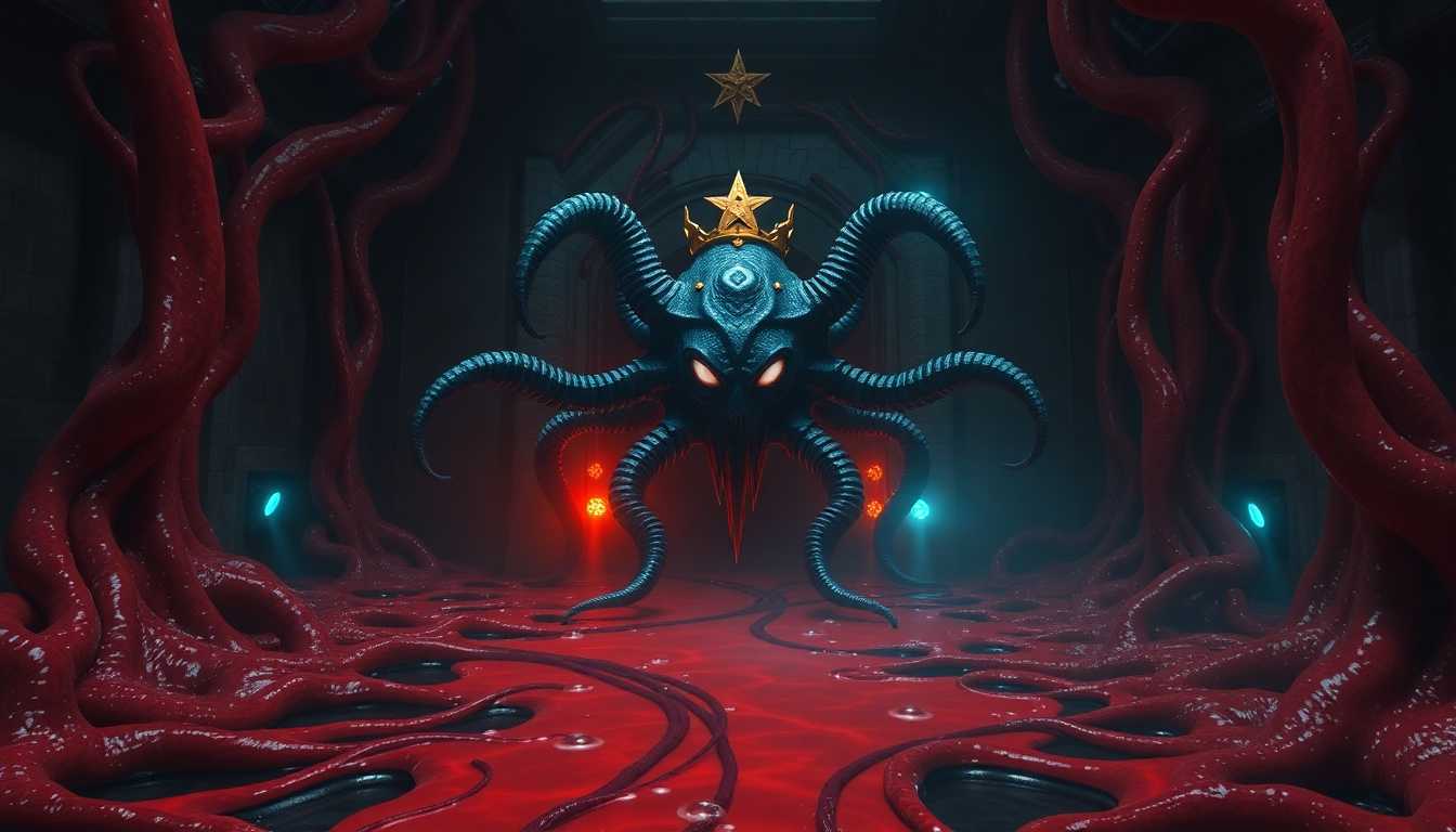 8k hyperrealistic horror scene, a five-fold symmetric form Elder Thing with metallic blue-black tentacles and golden biomechanical star-crown confronting an encroaching crimson Shoggoth mass, the Elder Thing's precise pentagonal form centered in gothic-industrial chamber while blood-red protoplasmic horror creeps across walls and floor, Shoggoth's pale milky eyes bubbling randomly from its surface, wet crimson tendrils spreading through hexagonal architecture, golden warning runes reflecting in growing pools of protoplasm, cyan emergency lights cutting through darkness as geometric order meets formless chaos, industrial-organic architecture dissolving where the crimson mass touches --ar 16:9 --v 6 --quality 2