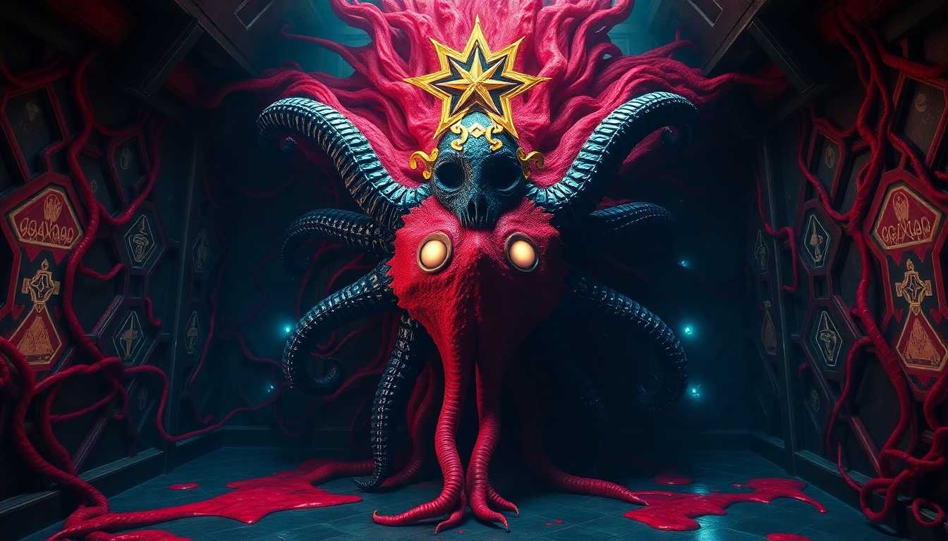8k hyperrealistic horror scene, a five-fold symmetric form Elder Thing with metallic blue-black tentacles and golden biomechanical organic star-crown confronting an encroaching crimson Shoggoth mass, the Elder Thing's precise pentagonal form centered in gothic-industrial chamber while blood-red protoplasmic horror creeps across walls and floor, Shoggoth's pale milky eyes bubbling randomly from its surface, wet crimson tendrils spreading through hexagonal architecture, golden warning runes reflecting in growing pools of protoplasm, cyan emergency lights cutting through darkness as geometric order meets formless chaos, industrial-organic architecture dissolving where the crimson mass touches --ar 16:9 --v 6 --quality 2