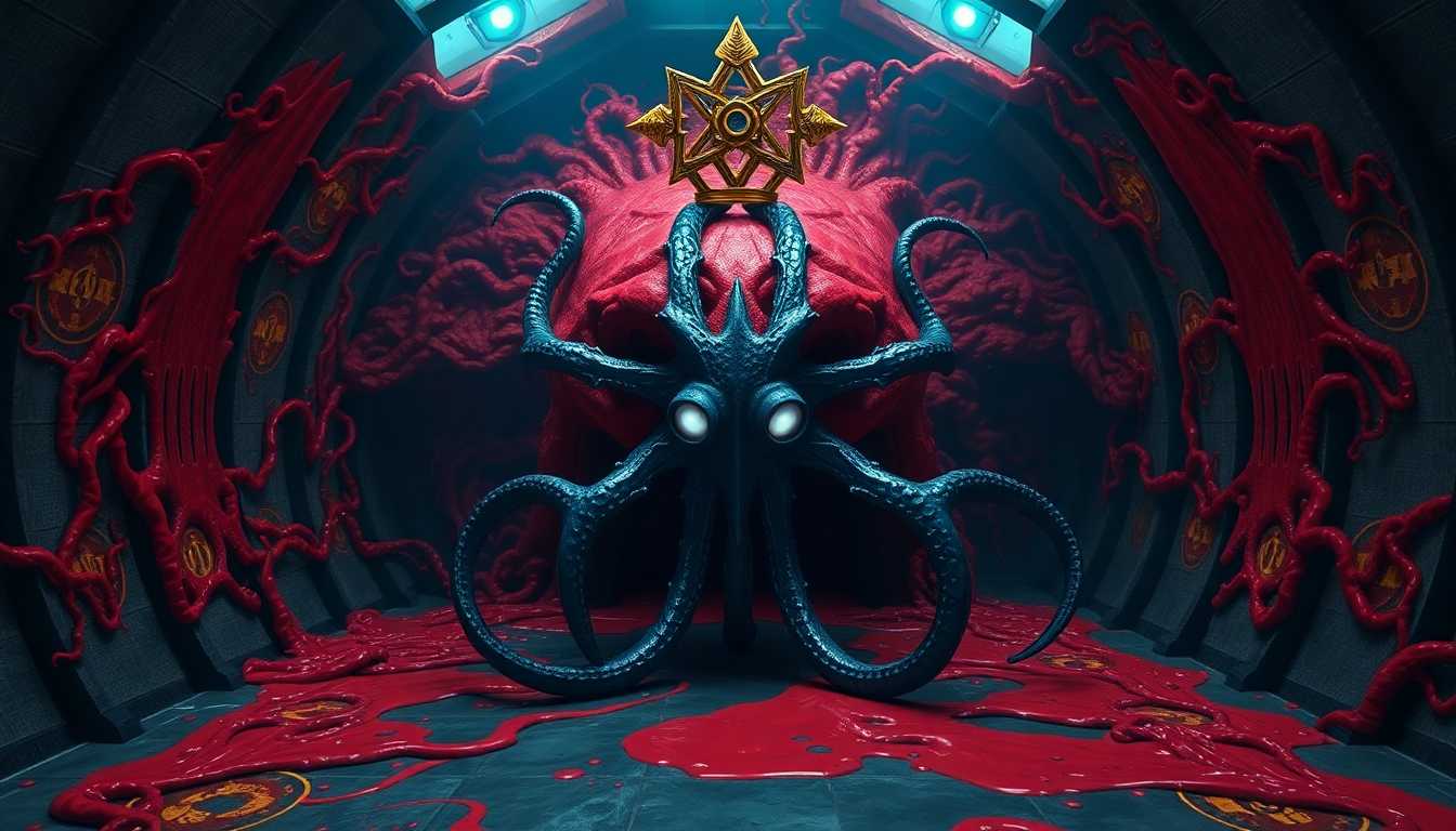 8k hyperrealistic horror scene, a five-fold symmetric form Elder Thing with metallic blue-black tentacles and golden biomechanical organic star-crown confronting an encroaching crimson Shoggoth mass, the Elder Thing's precise pentagonal form centered in gothic-industrial chamber while blood-red protoplasmic horror creeps across walls and floor, Shoggoth's pale milky eyes bubbling randomly from its surface, wet crimson tendrils spreading through hexagonal architecture, golden warning runes reflecting in growing pools of protoplasm, cyan emergency lights cutting through darkness as geometric order meets formless chaos, industrial-organic architecture dissolving where the crimson mass touches --ar 16:9 --v 6 --quality 2