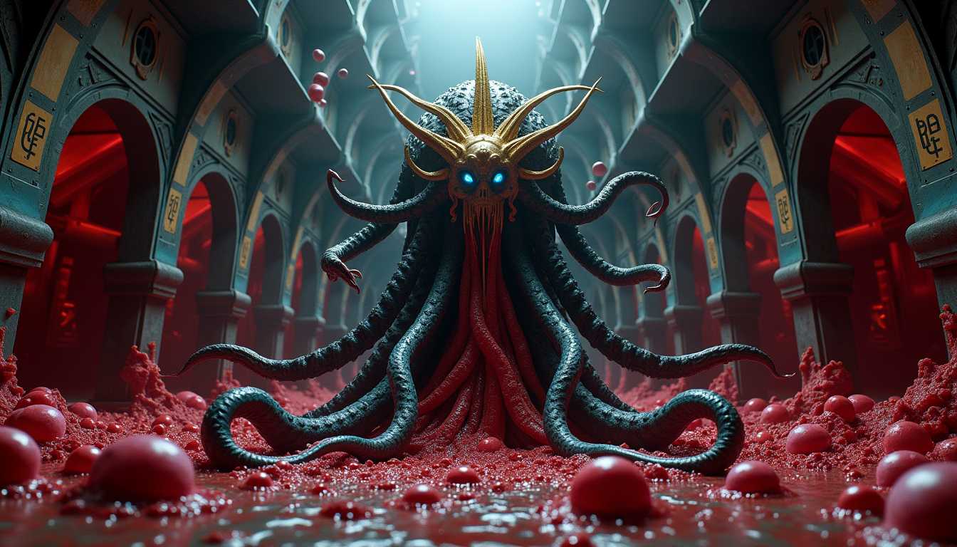 8k hyperrealistic horror scene, a five-fold symmetric form Elder Thing with metallic blue-black tentacles and golden biomechanical organic star-crown confronting an encroaching crimson Shoggoth mass, the Elder Thing's precise pentagonal form centered in gothic-industrial chamber while blood-red protoplasmic horror creeps across walls and floor, Shoggoth's pale milky eyes bubbling randomly from its surface, wet crimson tendrils spreading through hexagonal architecture, golden warning runes reflecting in growing pools of protoplasm, cyan emergency lights cutting through darkness as geometric order meets formless chaos, industrial-organic architecture dissolving where the crimson mass touches --ar 16:9 --v 6 --quality 2