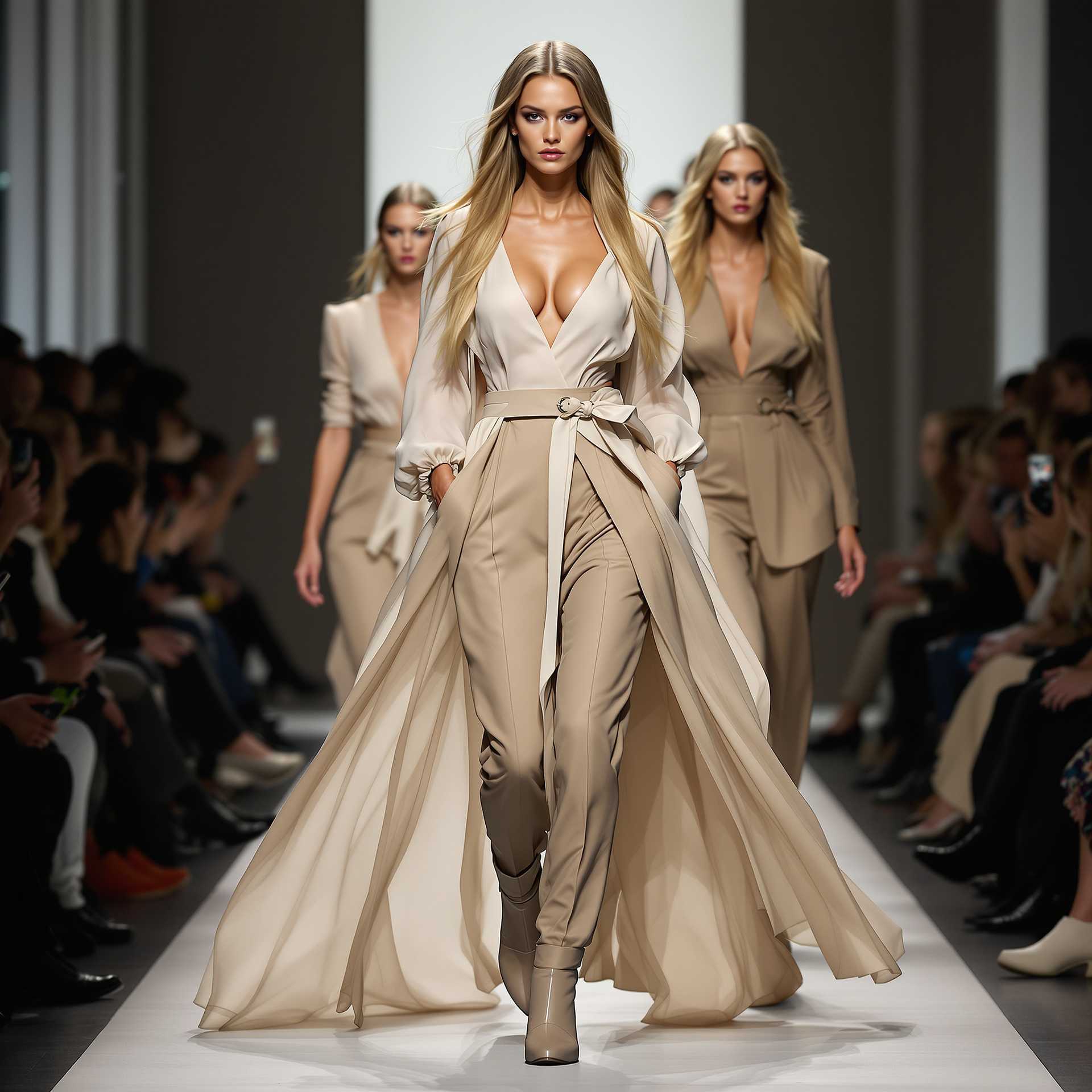 full body,large busts,and light brown skin and long dark blonde hair on the models,Milanfashionweek, Outfit, dress, low cut Blouse,light brown, trousers, boots, Full body,surrealism line art by Iris Van Herpen and vera wang, facial symmetry,walking the ranway.
