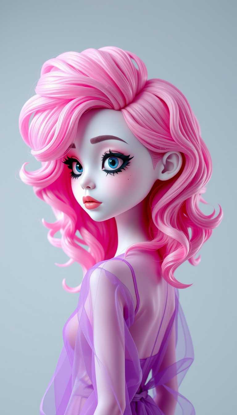 This image features a 3d cartoon girl of a striking and surreal appearance. The figure is adorned with a voluminous, wavy pink wig that cascades down the back and shoulders, giving a sense of movement and softness. The wigs color is a vibrant, almost neon pink, which stands out against the figures skin tone.The figures skin is a pale, almost translucent white. The clothing is a translucent, purple garment. The art style of the image is reminiscent of pop surrealism, with a touch of whimsy and fantasy.