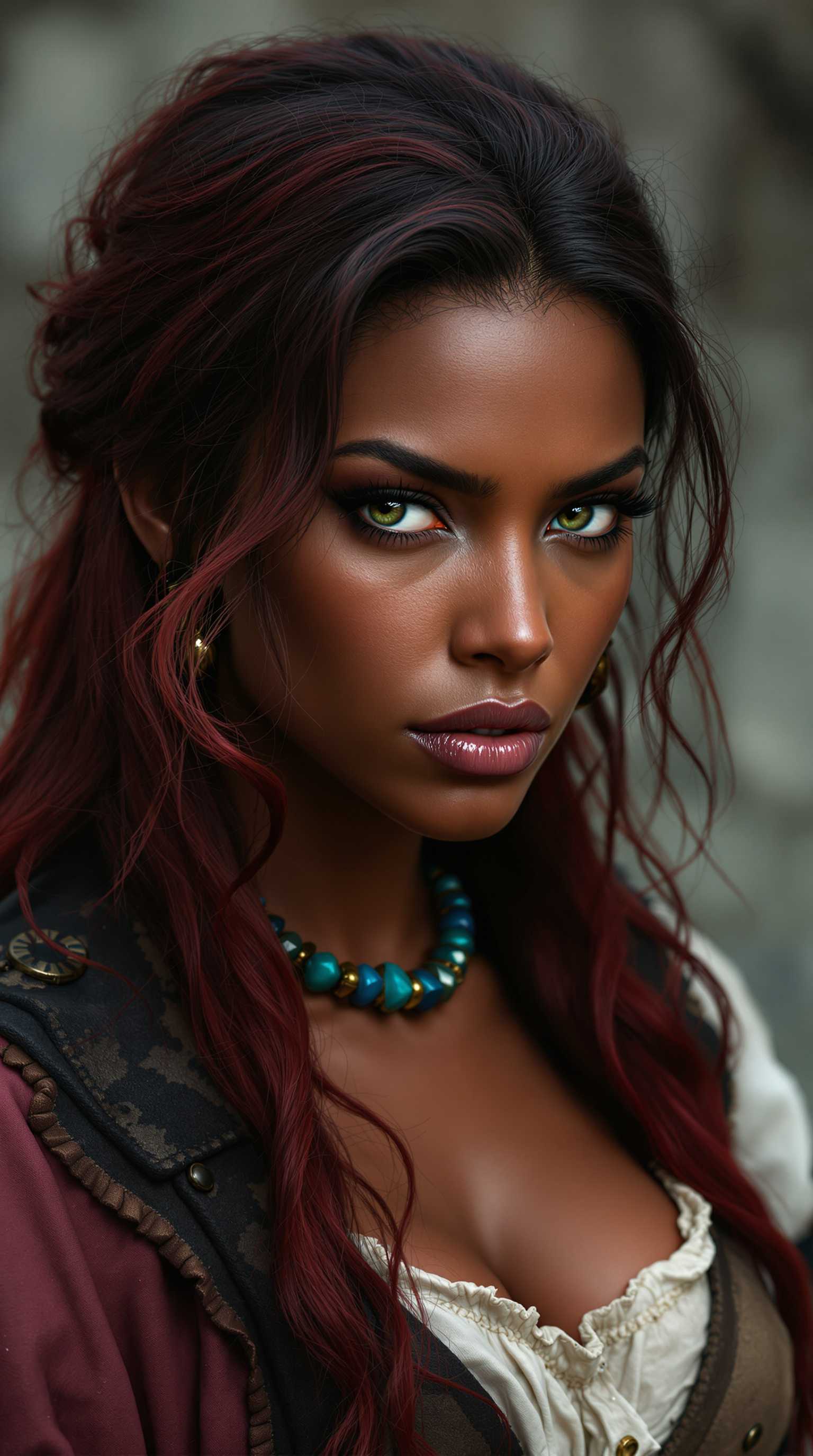 Woman beautiful, Almond eyes, green blue eyes, long hair, black red hair, red hair, wavy hair, black skin, sharp cheekbone, long face, strong woman, rude expression, pirates clothing, masculine features, brown skin,half-body shot.




