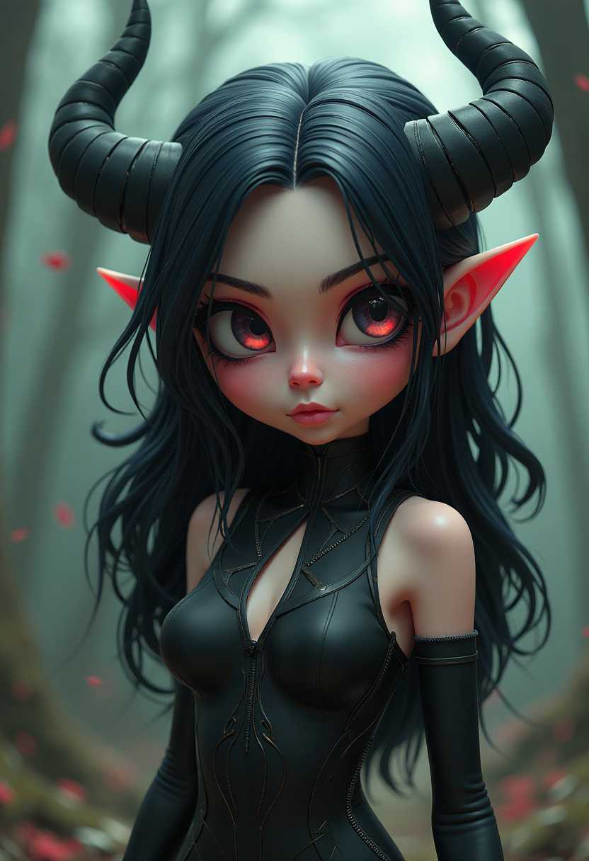 This image features a 3d cartoon girl of a striking and surreal appearance. Web of evil. Spectre of Fate