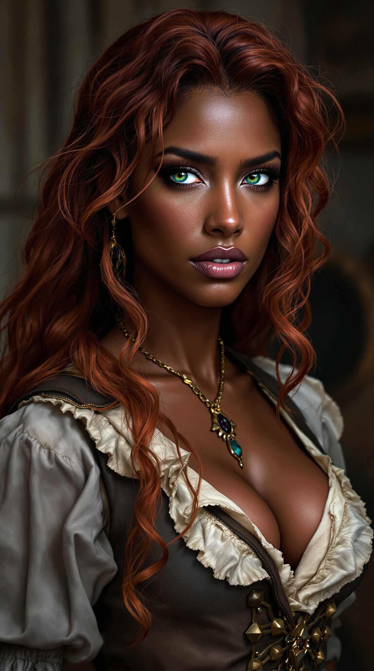 Woman beautiful, Almond eyes, green blue eyes, long hair, black red hair, red hair, wavy hair, black skin, sharp cheekbone, long face, strong woman, rude expression, pirates clothing, masculine features, brown skin,half-body shot.Wearing 1700's cloths.




