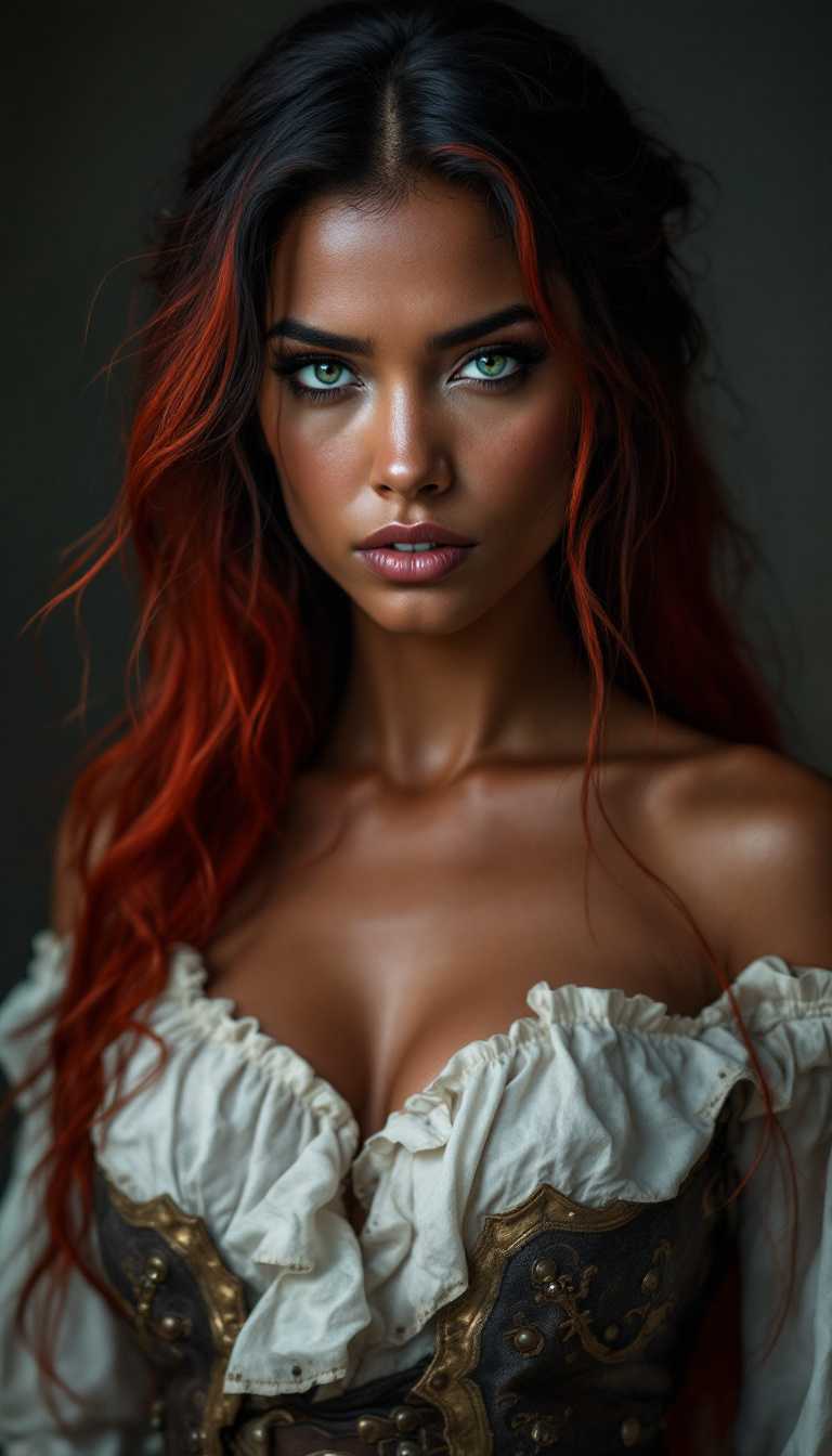 Woman beautiful, Almond eyes, green blue eyes, long hair, black red hair, red hair, wavy hair, black skin, sharp cheekbone, long face, strong woman, rude expression, pirates clothing, masculine features, brown skin,half-body shot.Wearing 1700's cloths.




