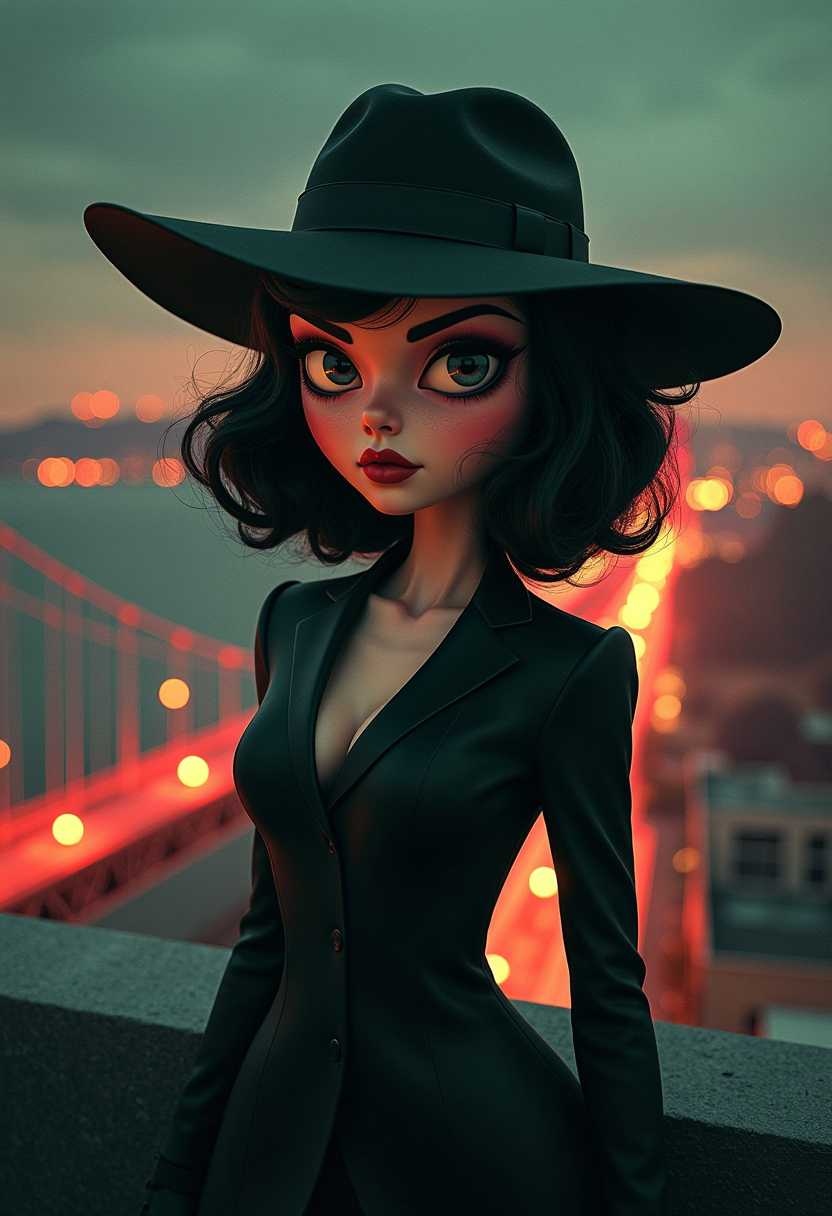 This image features a 3d cartoon girl of a striking and surreal appearance. Web of evil. Spectre of Fate. Film noir, detective pulp fiction. 1930s San Francisco rooftop scene