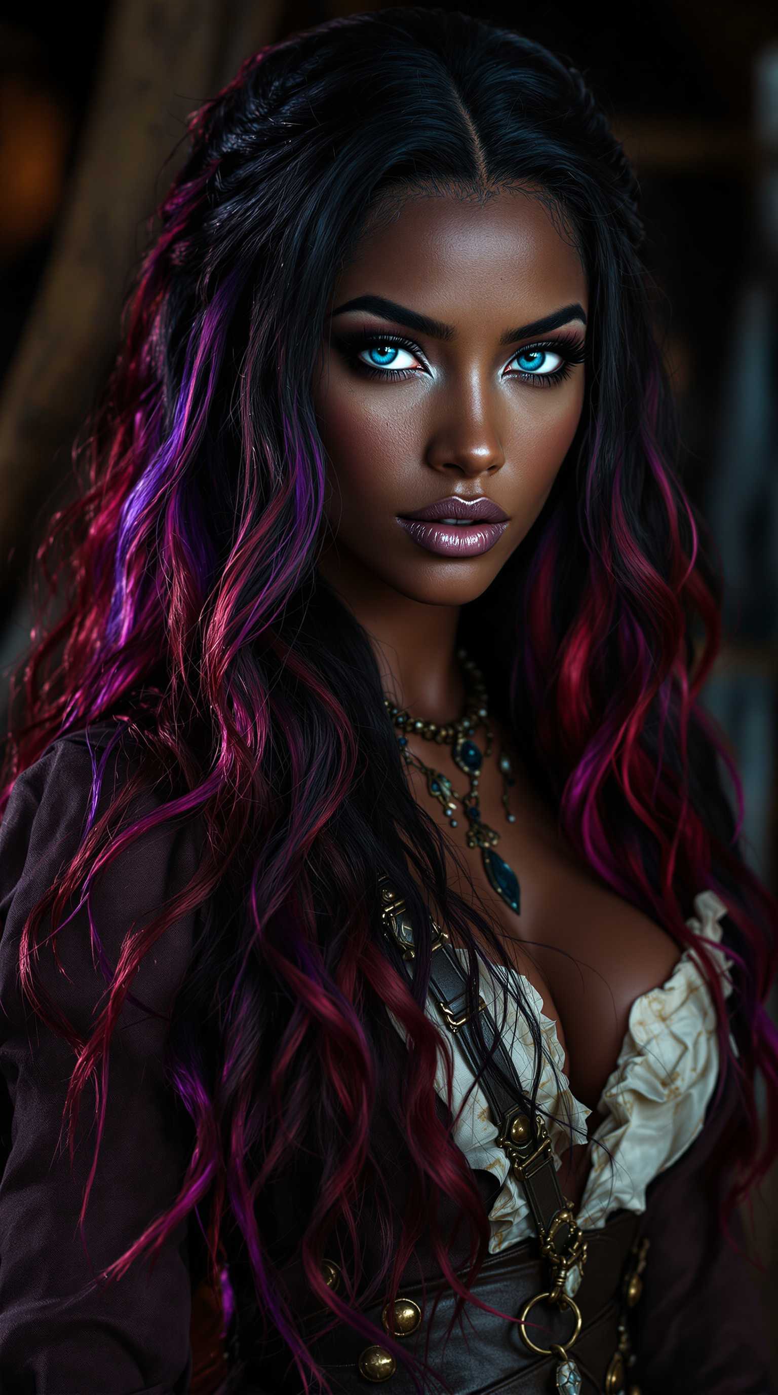 A half-body portrait of a strong, beautiful woman with striking almond-shaped, blue eyes. She has long, wavy hair that is a striking combination of black and vibrant red and purple hues. Her skin is a deep, rich shade of black with hints of brown tones. The woman's facial features are a captivating blend of sharp cheekbones and a long face, exuding a sense of power and resilience. She wears pirate clothing from the 1700s, with masculine elements that enhance her bold and rude expression. The image captures a strong, confident aura, with intricate details in the textures of her clothing and the play of light highlighting her expressive eyes and dynamic hairstyle. The composition frames her from the waist up, focusing on her commanding presence and the historical accuracy of her attire. The setting suggests a dimly lit interior of a ship, casting dramatic shadows and creating a tense and adventurous atmosphere.