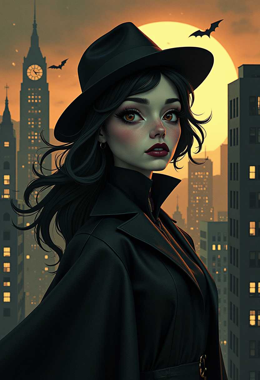 This image features a 3d cartoon girl of a striking and surreal appearance. Web of evil. Spectre of Fate. Film noir, detective pulp fiction. 1930s San Francisco rooftop scene
