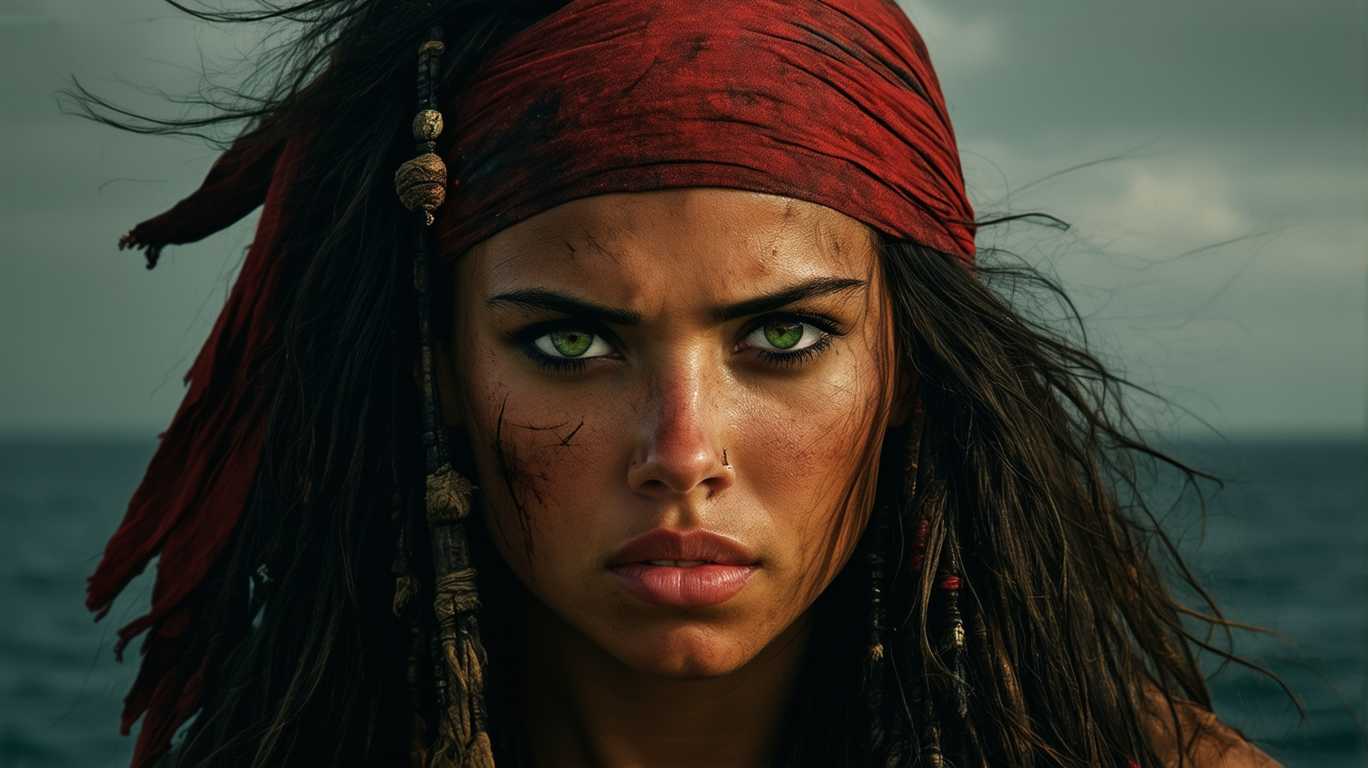 **Prompt**: A striking portrait of a strong woman with a captivating presence and complex features. She has beautiful, almond-shaped green eyes that seem to pierce through the viewer. Her long, wavy hair is a striking blend of black and red tones, cascading down around her face, which is characterized by sharp cheekbones and a distinctive broken nose. Her skin is a rich, deep brown, almost black, exuding a warm glow under the soft, diffused lighting. Her expression is boldly confident and somewhat rude, adding to her commanding presence. She wears weathered pirates' clothing, a statement of her adventurous spirit and rugged lifestyle, with attire that includes a rugged leather jacket and a bandana wrapped around her head. The composition is tight, with the camera focusing closely on her face to capture the blend of feminine beauty and masculine strength. The atmosphere is reminiscent of classic pirate tales, with a slightly overcast sky in the background, suggestive of the high seas. This artwork is rendered in a realistic style, capturing every intricate detail—the texture of her skin, the shine of her eyes, and the subtle waves of her hair—to convey the depth of her character and the richness of her story.