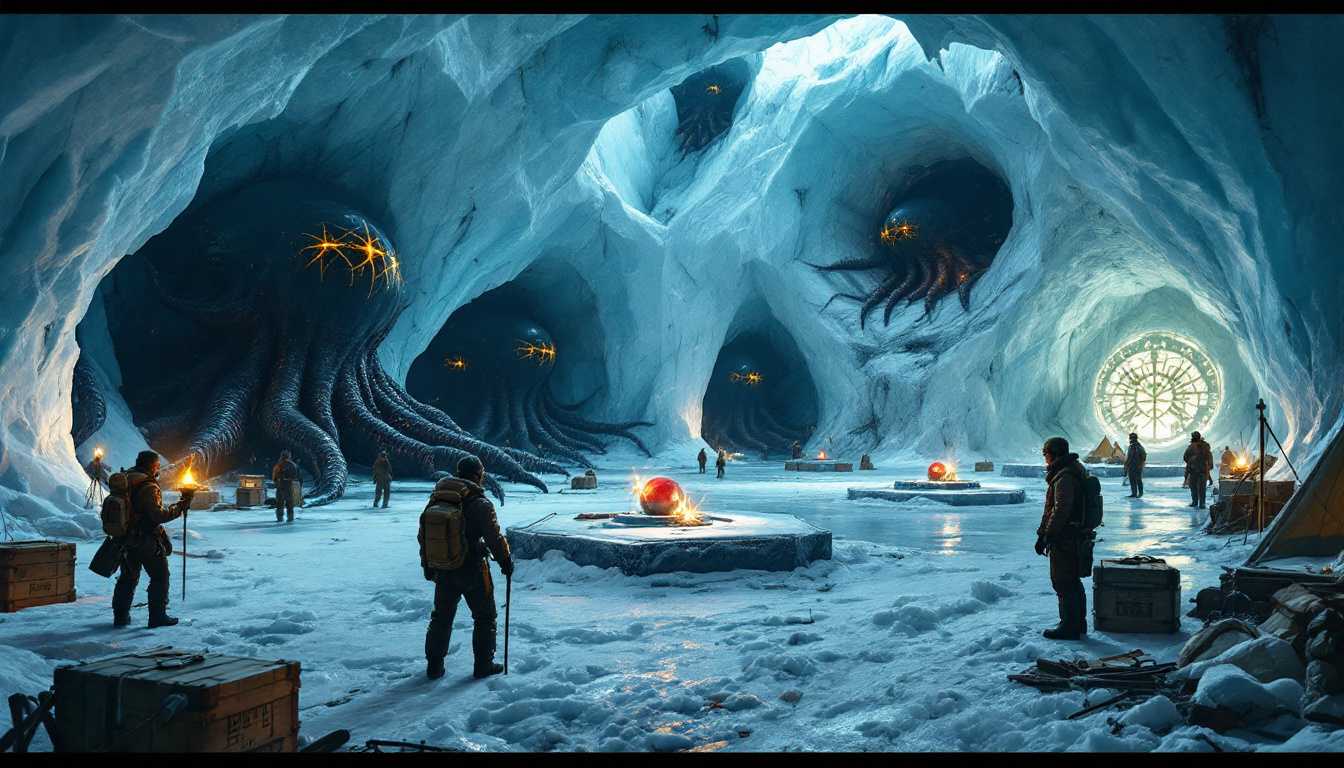 8k hyperrealistic 1930s Antarctic expedition scene, explorers with oil lanterns and primitive climbing gear discovering frozen five-fold symmetric Elder Things in ancient ice chamber, their timeless blue-black metallic tentacles and golden star-crowns perfectly preserved, leather-clad researchers dwarfed by pentagonal platforms and shattered containment spheres holding crimson specimens, brass-fitted scientific equipment and wooden crates scattered near camp lights, hexagonal wall panels with faint cyan glow cutting through glacial frost, ancient golden runes glimpsed through ice sheets, flickering kerosene lamps casting dancing shadows across alien biomechanical architecture, wet ice surfaces reflecting both warm expedition fires and cold alien illumination, wooden surveying tools and canvas tents emphasizing the primitive human presence against the massive, impossible chamber 