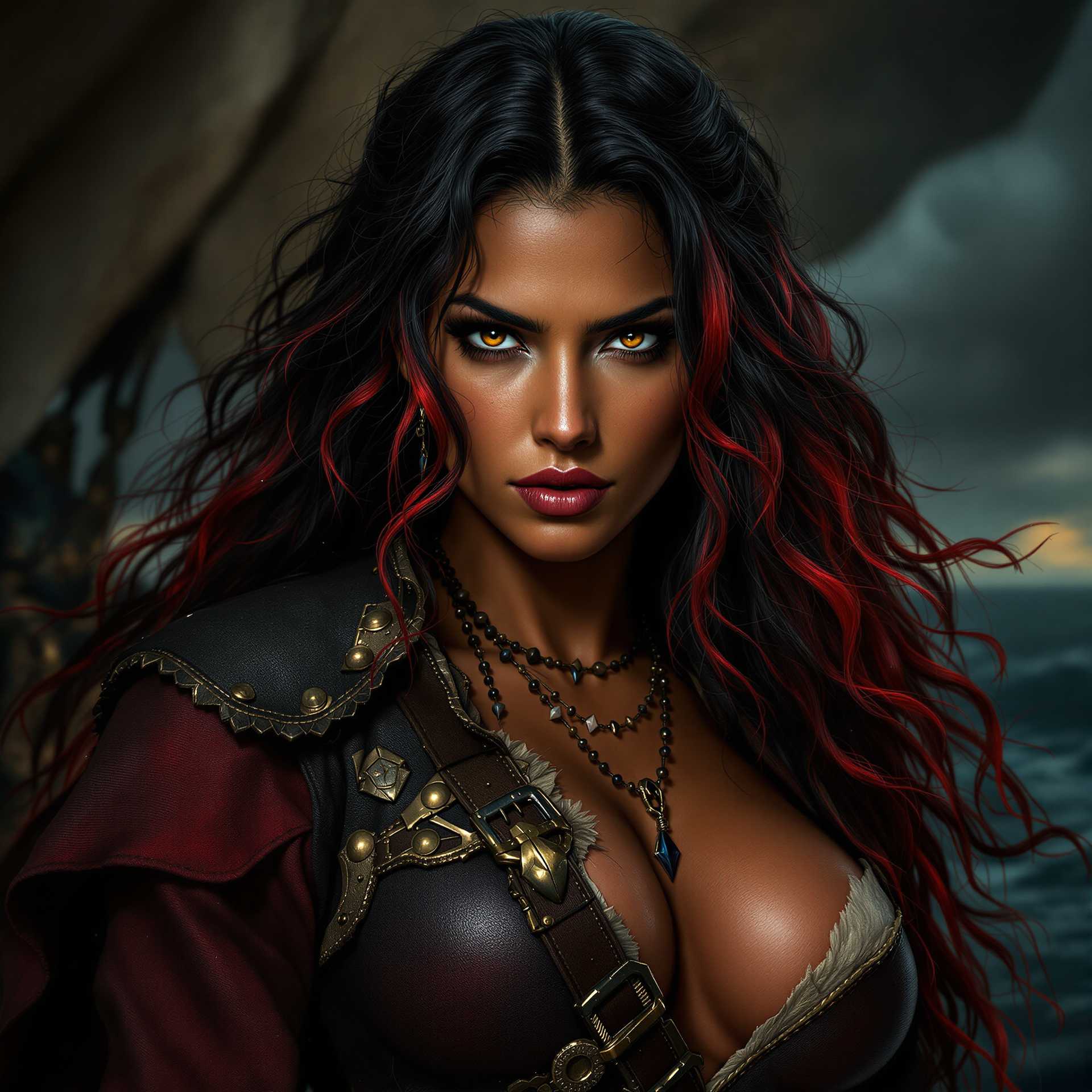 A striking portrait of a strong woman with an intense and commanding presence. She has striking almond-shaped light brown eyes and long, wavy hair that combines deep black and rich red hues, cascading down her shoulders. Her skin is a warm blend of brown and black tones, highlighting her distinctive features. Her face is long, with sharp cheekbones and a prominent, defining broken nose, giving her an edge of enduring strength and resilience. Her expression is rude, yet captivating, exuding confidence and a warrior-like essence. She is clad in rugged pirate clothing, enhancing her masculine features and adding to her formidable appearance and large bust. The setting features dramatic lighting, casting bold shadows that accentuate her features and the texture of her clothing, with a stormy backdrop hinting at an adventurous and undiscovered sea. The artistic style is a blend of photorealistic portraiture with a touch of heroic fantasy, capturing the essence of a character who commands the seas.