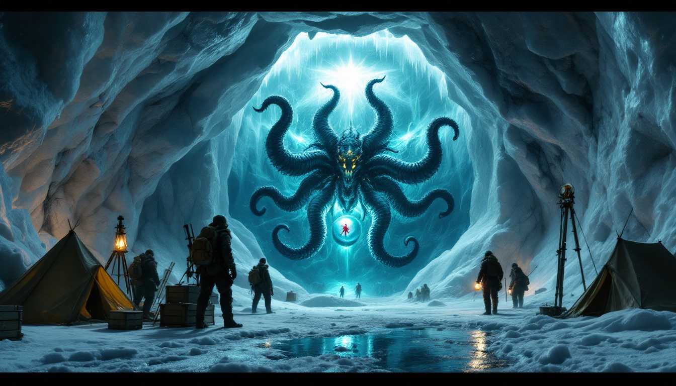 8k hyperrealistic 1930s Antarctic expedition scene, explorers with oil lanterns and primitive climbing gear discovering a massive ice-encased chamber, a five-fold symmetrical biomechanical of an Elder Thing frozen in perfect suspended animation within translucent glacial wall, its blue-black metallic tentacles and golden star-crown creating dark shadows in the ice, spherical containment chamber beside it holding crimson specimen casting eerie cyan glow through frozen layers, leather-clad researchers with brass instruments dwarfed by the scale of the hexagonal ice cavern, wooden crates and canvas tents lit by warm kerosene lamps in foreground, their orange light contrasting against the cold cyan luminescence of ancient technology still pulsing beneath the ice, wet cave surfaces and crystal-clear ice walls creating ghostly reflections, wooden surveying equipment set up to measure the impossible scale of the preserved alien horror 