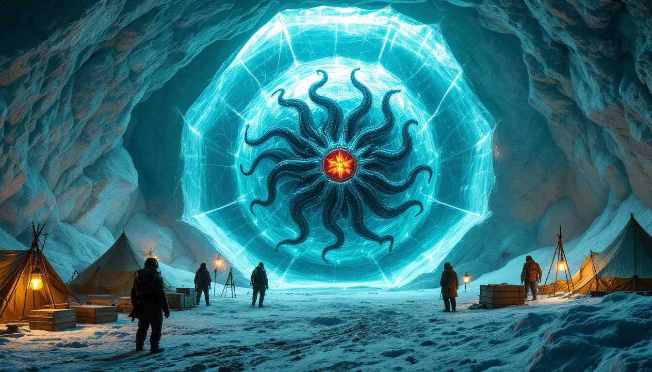 8k hyperrealistic 1930s Antarctic expedition scene, explorers with oil lanterns and primitive climbing gear discovering a massive ice-encased chamber, a five-fold symmetrical biomechanical form of an Elder Thing frozen in perfect suspended animation within translucent glacial wall, its blue-black metallic tentacles and golden star-crown creating dark shadows in the ice, spherical containment chamber beside it holding crimson specimen casting eerie cyan glow through frozen layers, leather-clad researchers with brass instruments dwarfed by the scale of the hexagonal ice cavern, wooden crates and canvas tents lit by warm kerosene lamps in foreground, their orange light contrasting against the cold cyan luminescence of ancient technology still pulsing beneath the ice, wet cave surfaces and crystal-clear ice walls creating ghostly reflections, wooden surveying equipment set up to measure the impossible scale of the preserved alien horror 