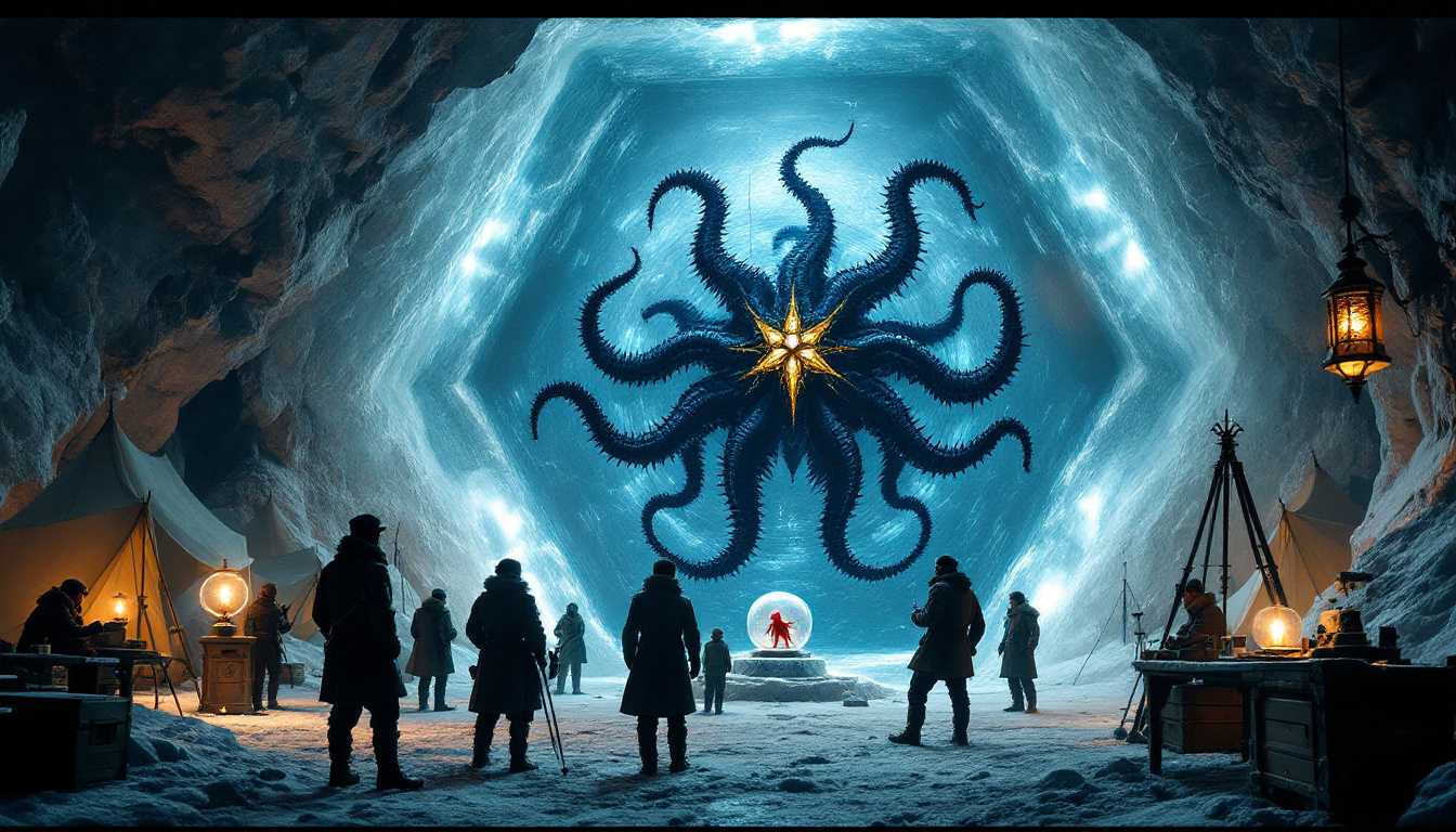 8k hyperrealistic 1930s Antarctic expedition scene, leather-coated explorers in period winter gear huddled around oil lanterns studying massive hexagonal ice formation, a five-fold symmetric Elder Thing suspended in perfect anatomical display within translucent walls, its blue-black biomechanical tentacles radiating from golden star-crown center, each limb creating stark shadows in pristine ice, separate glass sphere on carved pedestal containing crimson proto-shoggoth specimen, canvas expedition tents flanking the scene, wooden supply crates serving as makeshift tables for brass scientific instruments, warm amber lantern light reflecting off wet cavern walls contrasting with ethereal cyan glow emanating from ancient symbols still pulsing within the ice, antiquated surveying tripods set up to document the scale of the nightmare discovery, explorers' breath visible in the freezing air as they gaze up at the impossible horror perfectly preserved before them --ar 16:9 --v 6 --quality 2