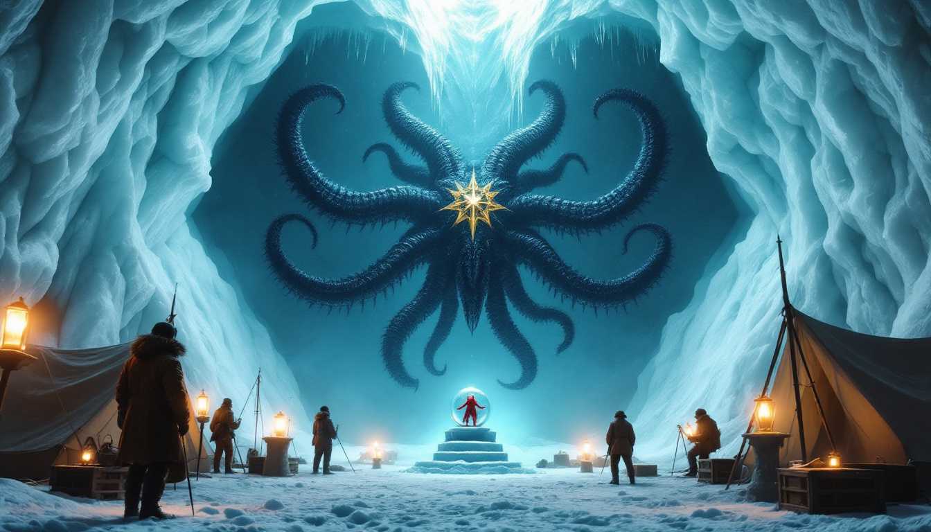 8k hyperrealistic 1930s Antarctic expedition scene, leather-coated explorers in period winter gear huddled around oil lanterns studying massive hexagonal ice formation, a five-fold symmetric Elder Thing suspended in perfect anatomical display within translucent walls, its blue-black biomechanical tentacles radiating from golden star-crown center, each limb creating stark shadows in pristine ice, separate glass sphere on carved pedestal containing crimson proto-shoggoth specimen, canvas expedition tents flanking the scene, wooden supply crates serving as makeshift tables for brass scientific instruments, warm amber lantern light reflecting off wet cavern walls contrasting with ethereal cyan glow emanating from ancient symbols still pulsing within the ice, antiquated surveying tripods set up to document the scale of the nightmare discovery, explorers' breath visible in the freezing air as they gaze up at the impossible horror perfectly preserved before them --ar 16:9 --v 6 --quality 2