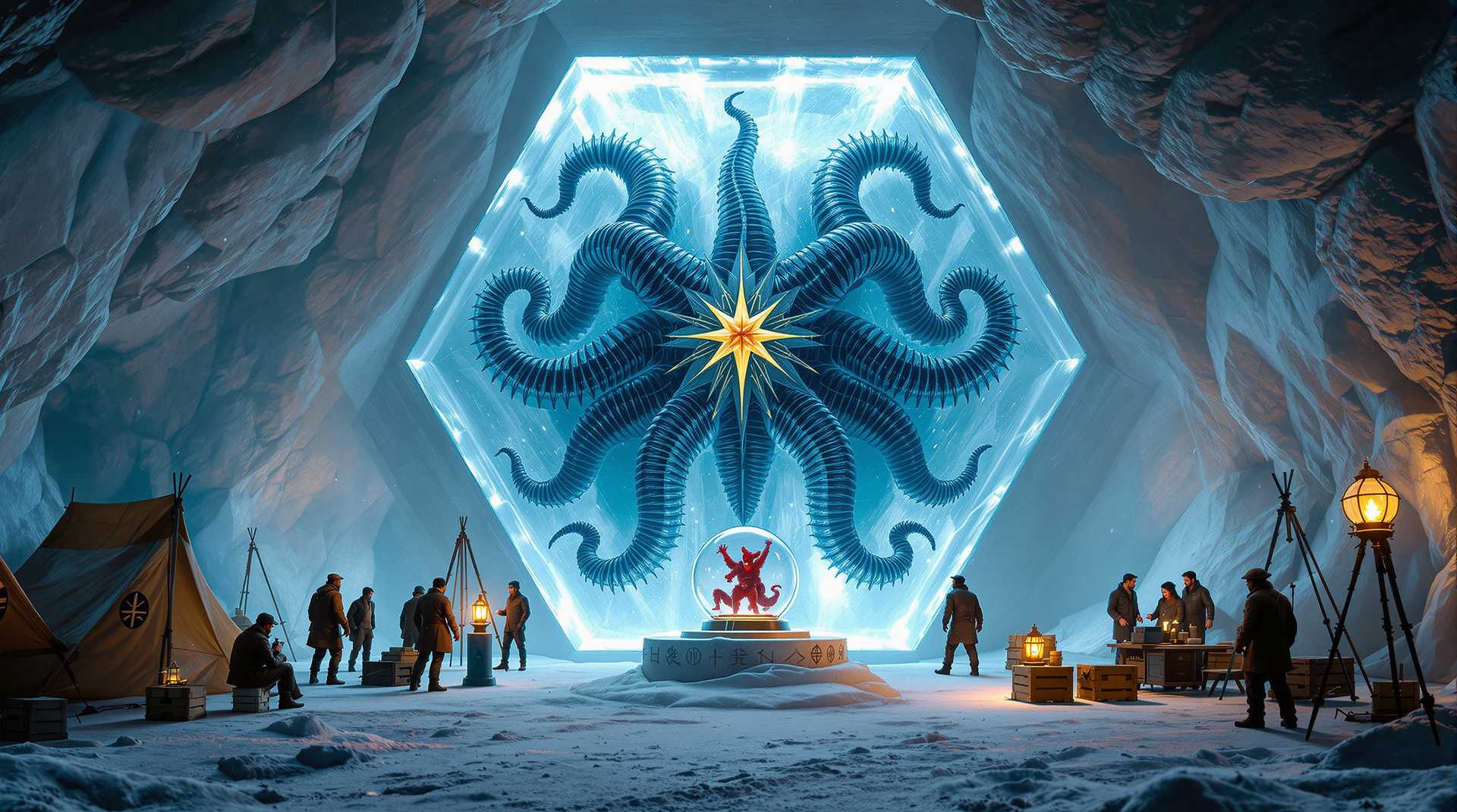 8k hyperrealistic 1930s Antarctic expedition scene, leather-coated explorers in period winter gear huddled around oil lanterns studying massive hexagonal ice formation, a five-fold symmetric Elder Thing suspended in perfect anatomical display within translucent walls, its blue-black biomechanical tentacles radiating from golden star-crown center, each limb creating stark shadows in pristine ice, separate glass sphere on carved pedestal containing crimson proto-shoggoth specimen, canvas expedition tents flanking the scene, wooden supply crates serving as makeshift tables for brass scientific instruments, warm amber lantern light reflecting off wet cavern walls contrasting with ethereal cyan glow emanating from ancient symbols still pulsing within the ice, antiquated surveying tripods set up to document the scale of the nightmare discovery, explorers' breath visible in the freezing air as they gaze up at the impossible horror perfectly preserved before them --ar 16:9 --v 6 --quality 2