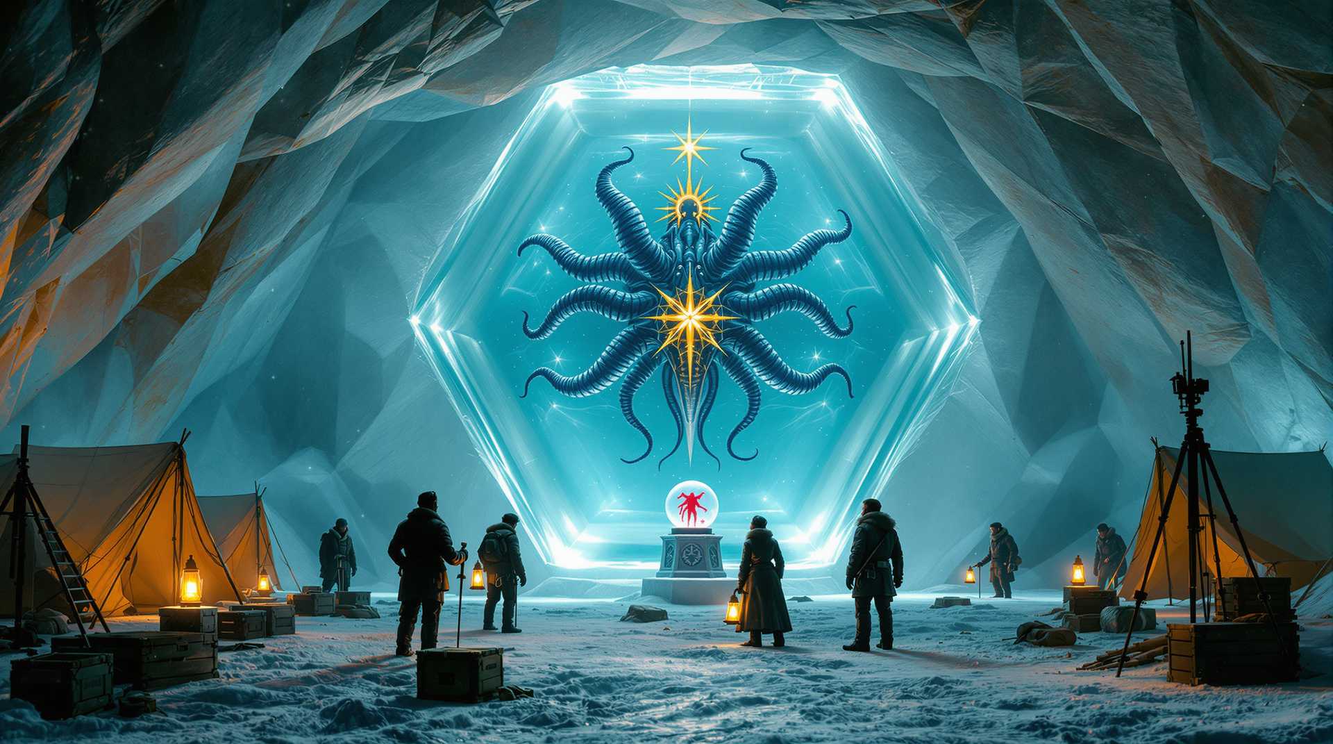 8k hyperrealistic 1930s Antarctic expedition scene, leather-coated explorers in period winter gear huddled around oil lanterns studying massive hexagonal ice formation, a five-fold symmetric Elder Thing suspended in perfect anatomical display within translucent walls, its blue-black biomechanical tentacles radiating from golden star-crown center, each limb creating stark shadows in pristine ice, separate glass sphere on carved pedestal containing crimson proto-shoggoth specimen, canvas expedition tents flanking the scene, wooden supply crates serving as makeshift tables for brass scientific instruments, warm amber lantern light reflecting off wet cavern walls contrasting with ethereal cyan glow emanating from ancient symbols still pulsing within the ice, antiquated surveying tripods set up to document the scale of the nightmare discovery, explorers' breath visible in the freezing air as they gaze up at the impossible horror perfectly preserved before them --ar 16:9 --v 6 --quality 2
