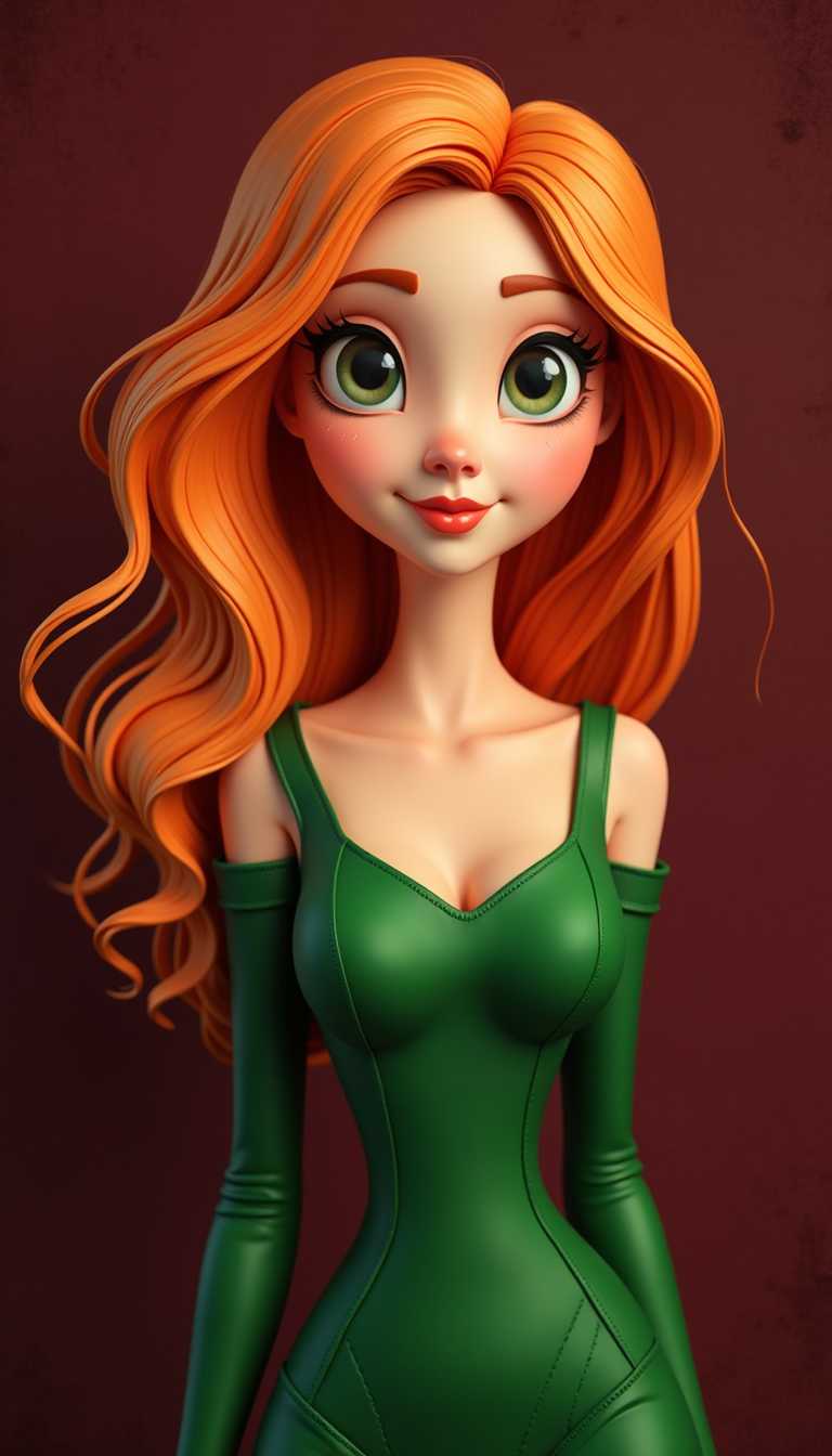 3D Animation Stylized Female Character with Red Hair and Green Dress