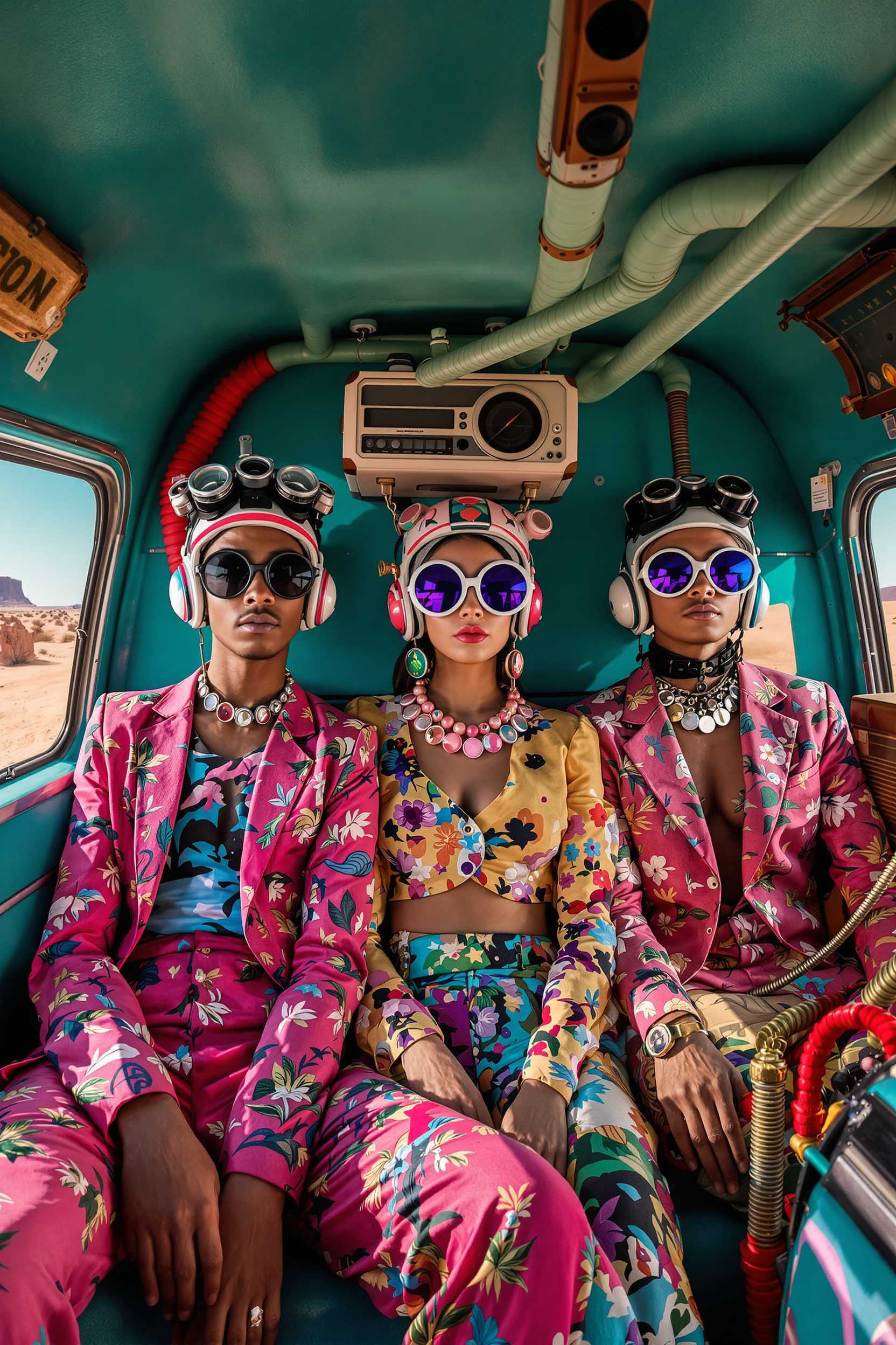 This image is a surreal and stylized portrayal of three figures seated in a vehicle. The art style is reminiscent of a highfashion editorial, with a strong emphasis on the individuality and eccentricity of each characters attire and accessories. The medium appears to be a photograph, with a postproduction touch that enhances the vibrant and dreamlike quality of the image.The colors in the image are rich and saturated, with a predominance of blues, greens, and pinks, creating a cool and somewhat melancholic atmosphere. The interior of the vehicle is painted in a deep teal, which contrasts sharply with the warm tones of the desert outside the window. The figures clothing is a mix of muted earth tones and bright, bold colors, with patterns that range from floral to geometric.The objects in the image include the vehicle itself, with its retro design and rounded edges. Inside, there are various items that contribute to the overall aesthetic, such as a vintage radio on the dashboard, a leatherbound book on the seat, and a collection of pipes and tubes that run along the ceiling, giving the impression of a makeshift ventilation system. The figures are adorned with an array of accessories, including oversized round glasses, a headmounted device resembling a cross between a camera and a helmet, and a necklace made of what appears to be beads or small discs.The composition of the image is balanced, with each figure positioned in a way that allows the viewer to take in their unique style and expression. The lighting is soft and diffused, casting gentle shadows and highlights that give depth to the scene. 
