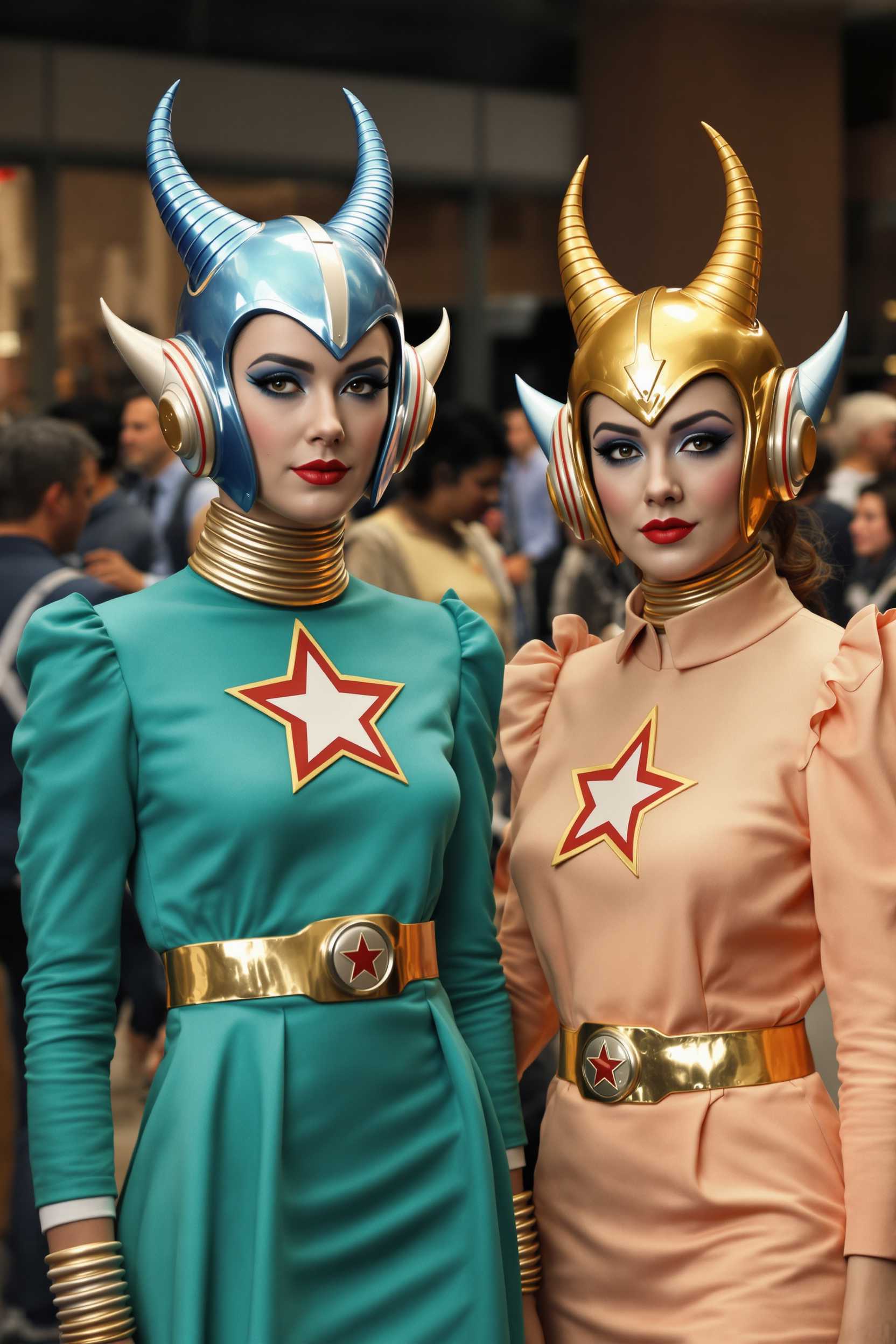 This image captures two individuals dressed in vibrant, retrofuturistic costumes that evoke a sense of spaceage whimsy. The person on the left is clad in a teal dress with a fitted bodice and a flared skirt, both featuring a star emblem with a red center. The star emblem is also prominently displayed on the chest of the dress. The costume is completed with a metallic, hornlike headpiece that has a blue hue and a gold trim, adding an element of fantasy to the ensemble.The person on the right is wearing a peachcolored dress with a similar star emblem and a matching hornlike headpiece, but with a golden finish. The dress has a more relaxed fit, with a slightly puffed shoulder and a ruffled neckline, giving it a softer, more feminine appearance.Both costumes are accessorized with belts that have a metallic buckle, which matches the color scheme of the headpieces. The belts cinch the waist, emphasizing the fitted design of the dresses.The background of the image is a blur of indistinct figures and structures, suggesting a crowded, bustling environment. The colors in the background are muted, with a predominance of earthy tones, which contrasts with the bright, bold colors of the costumes.The art style of the image is reminiscent of mid20th century pop art, with its emphasis on bright colors and bold outlines. The medium appears to be a photograph, given the texture and depth of the image. The lighting is natural, casting soft shadows that give the costumes a threedimensional quality.