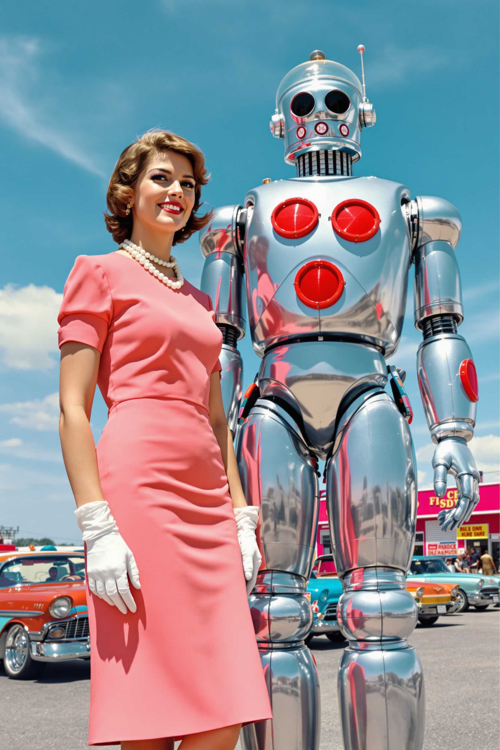 This image is a vibrant and colorful snapshot of a scene that appears to be from a mid20th century setting, possibly a fair or exhibition. The art style is reminiscent of the pop art movement, with its emphasis on bright colors, bold outlines, and a playful, nostalgic feel.The medium of the image is photography, with a color palette that has been altered to give it a retro, almost sepiatoned quality. This gives the image a nostalgic and timeless quality, as if it could have been taken from a magazine or a promotional poster from the 1950s or 1960s.The colors in the image are bright and saturated, with a predominance of pinks, oranges, and reds, which are complemented by the metallic sheen of the robot figure. The sky is a clear blue, with a few wispy clouds, and the cars in the background are a mix of red and teal, adding to the retro aesthetic.The objects in the image are the focal points. On the left, there is a woman dressed in a peachcolored, kneelength dress with a fitted bodice and a flared skirt. Her outfit is accessorized with a white beaded necklace and a pair of white gloves. Her hair is styled in a short, curly bob, reminiscent of the hairstyles of the 1950s and 1960s.On the right, there is a robot figure, which is the centerpiece of the image. The robot is humanoid, with a shiny metallic finish and a clear bubble helmet. It has red circular details on its chest and thighs, and its legs are segmented, giving it a mechanical look. The robots pose is static, with its arms hanging at its sides and its legs slightly apart.In the background, there are several cars parked in a row, with their headlights and taillights glowing, and a building with a red facade and a sign that is not clearly legible. There are also other people in the background, engaged in various activities, which adds to the fairlike atmosphere of the scene.