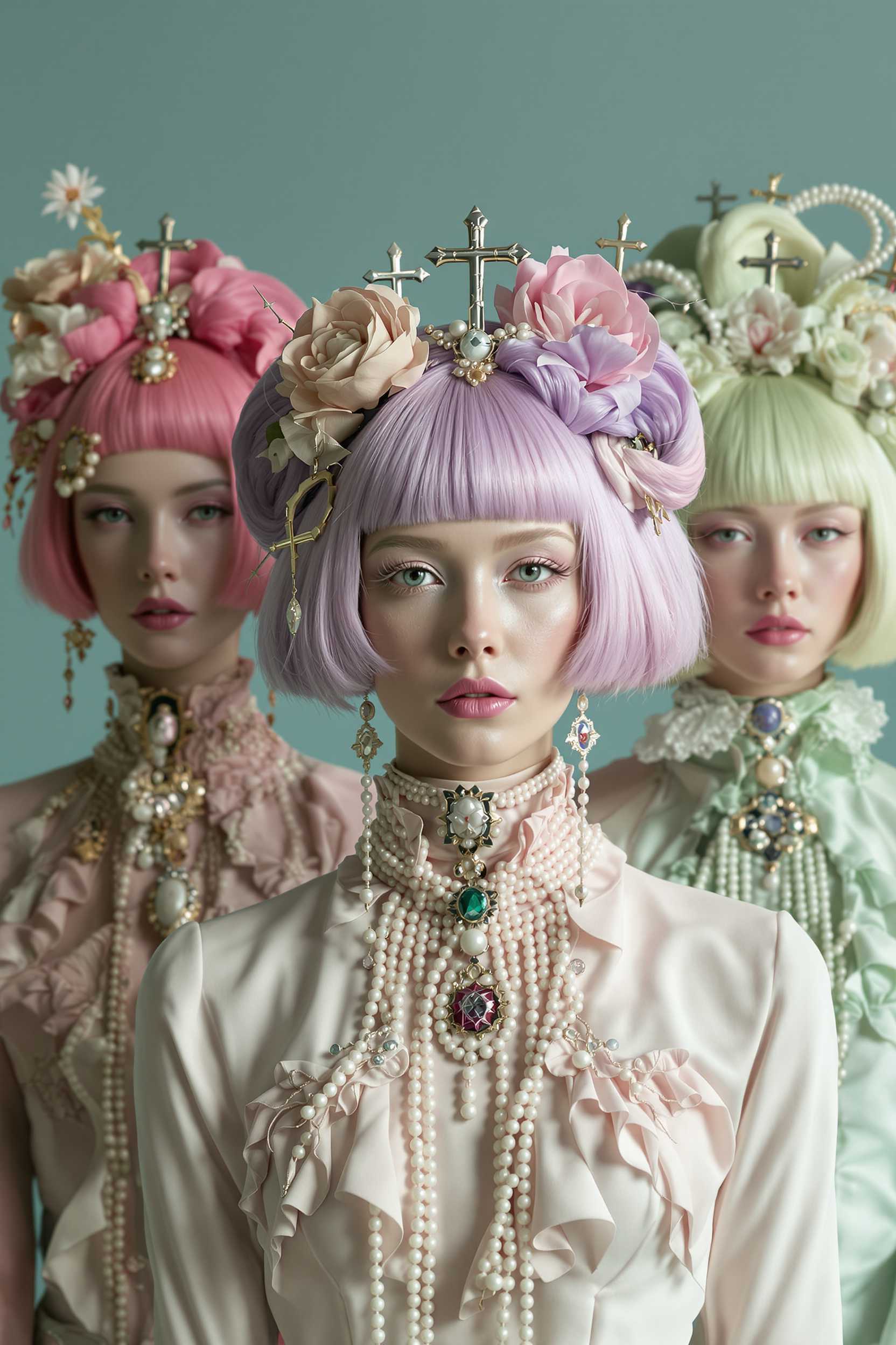 This image is a stylized and surreal portrayal of a group of individuals, each with distinctive and exaggerated features that contribute to a fantastical and otherworldly atmosphere. The subjects are adorned with vibrant, pastelcolored hair in shades of pink, purple, and green, which stands out against the muted teal background. The hair is styled in various ways, from short bobs to flowing locks, and is accessorized with unique headpieces and jewelry, such as crosses and flowers, which further emphasize the surreal nature of the scene.The clothing worn by the subjects is equally fantastical, with highnecked tops that are embellished with intricate details, including lace, ruffles, and beading. The garments are pastel in color, echoing the hair tones, and are accessorized with long strands of pearls and other jewelry, which cascade down the front of the clothing. The overall effect is one of a meticulously curated, stylized fashion shoot, with each element carefully chosen to create a cohesive and visually striking ensemble.The medium of the image appears to be a highquality photograph, with a focus on the details of the subjects hair and clothing. The lighting is soft and diffused, casting gentle shadows and highlights that give depth to the subjects and their surroundings. The composition of the image is tight, focusing on the faces and upper torsos of the subjects, which draws the viewers attention to the intricate details and the overall aesthetic of the scene.The art style of the image is reminiscent of surrealism, with a focus on the juxtaposition of the ordinary and the extraordinary, and an emphasis on the fantastical and the bizarre. The use of pastel colors and the exaggerated features of the subjects contribute to a dreamlike and ethereal quality, inviting the viewer into a world that is both familiar and foreign.