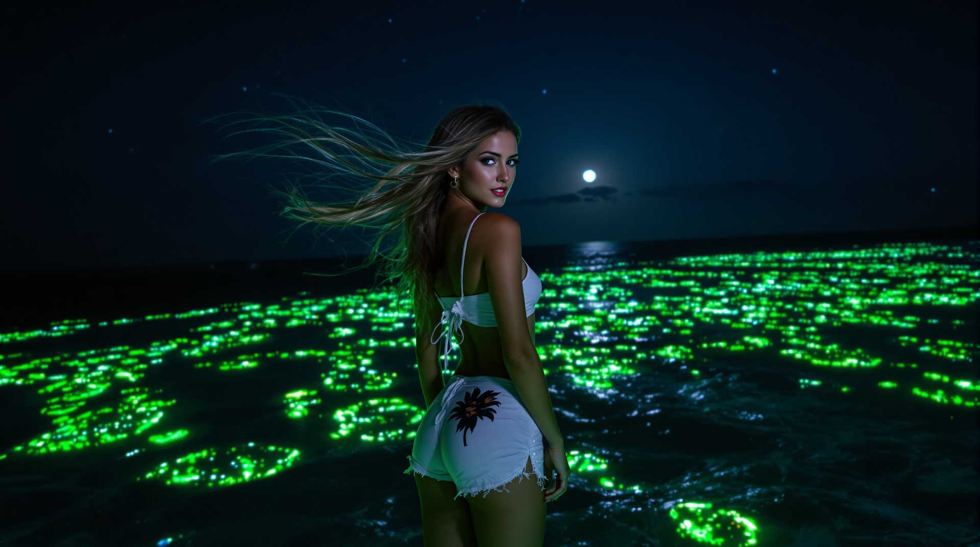 A realistic photo of a gorgeous female, wearing summer clothing, shorts and cool top , looking over shoulder, long hair blowing in the wind, medium distance, very high ocean with fluorescent planktons in the background, at night with starry sky, very soft lighting from the moon, camera is focused on subject and background, cr2 raw file a professional camera ,in style of one of the best portrait photographers.