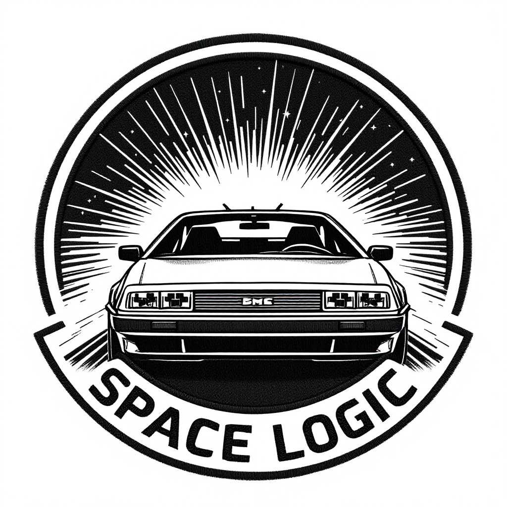 embroidery-optimized logo featuring a DeLorean car viewed from a front diagonal angle, placed within a circular badge. Angular hood, and signature grid headlights. Text 'SPACE LOGIC' curves along a circle border. The design uses bold, clean lines with minimal interior detail, and a black and white monochrome design emphasizing the car's wedge shape and geometric features. Style simplified for clean embroidery reproduction.