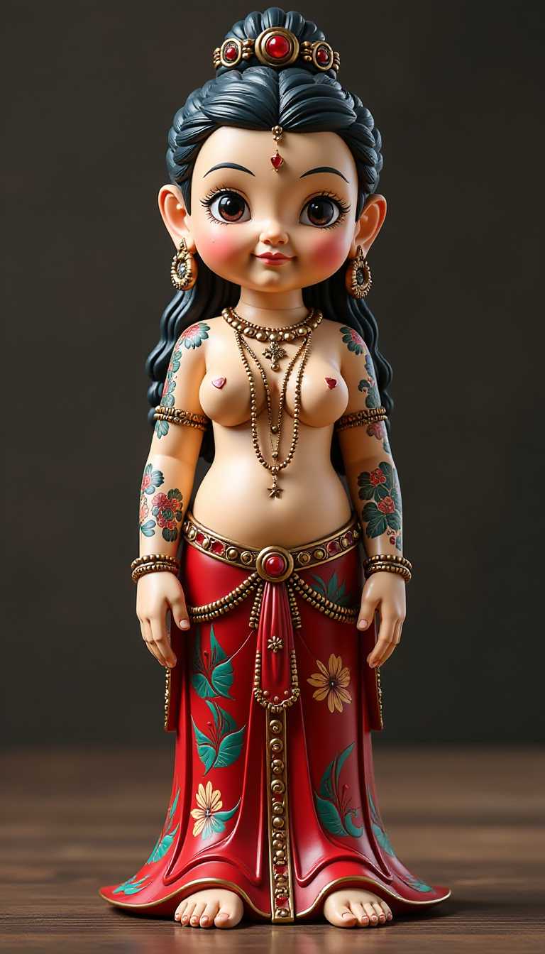 Subject: A standing glossy 3D painted wooden cartoon female buddha adorned with intricate tattoos