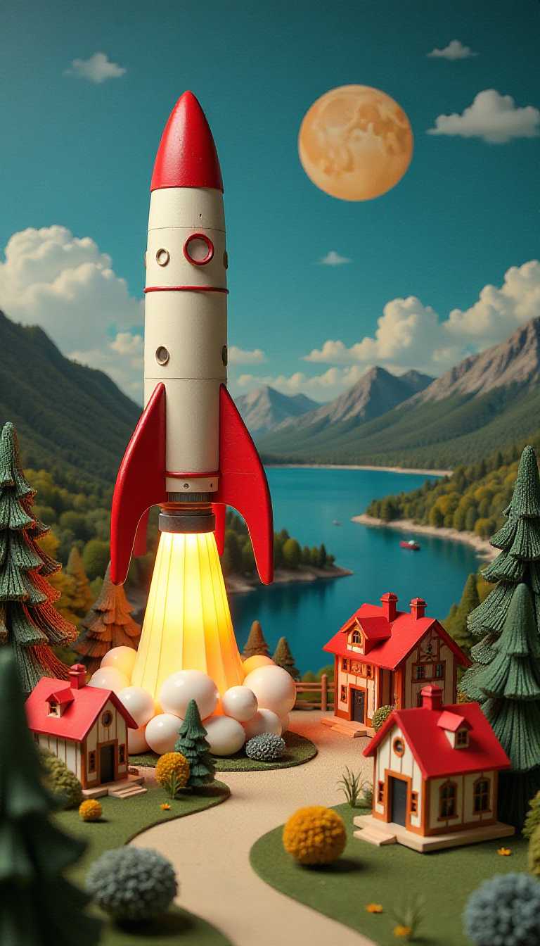 A glossy 3D painted 1950s wooden retro space rocket diorama. The colors in the image are rich and vibrant, with a predominance of blues and grays in the sky, which contrasts with the fiery oranges and yellows of the rockets engines. Quaint houses, village square, lake, hillside, mountains